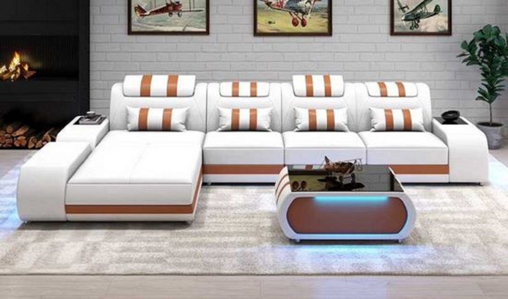 JVmoebel Ecksofa Eckgarnitur Ecksofa L Form Ledersofa Sofa Couch Luxus Design Couchen, 3 Teile, Made in Europe Weiß/Braun | Ecksofas