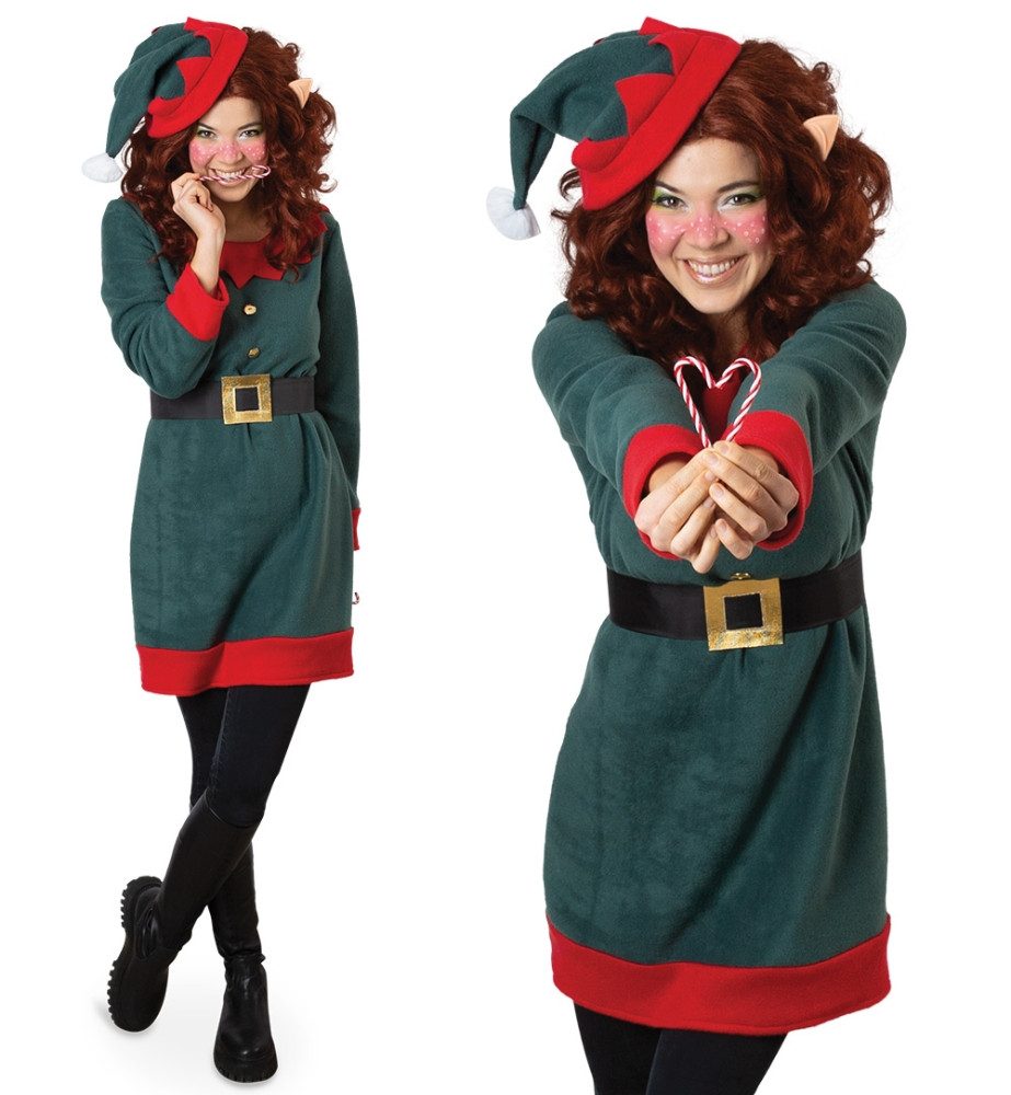 Kostüm Damen Elfen Wichtel Kostüm Kleid mit Elfenmütze und Gürtel Karneval