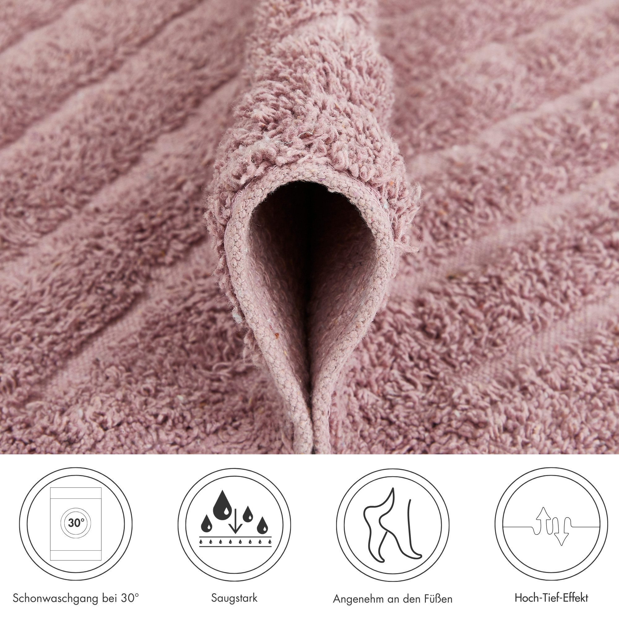 Andiamo Badematte Havanna, 50x80 cm, Badvorleger, Badezimmer Teppich, Höhe 7,5 mm, schnell trocknend, fußbodenheizungsgeeignet, Baumwolle, Polyester, rechteckig, Badematte, Badteppich, Uni Farben, Hoch-Tief Effekt, verschiedene Designs