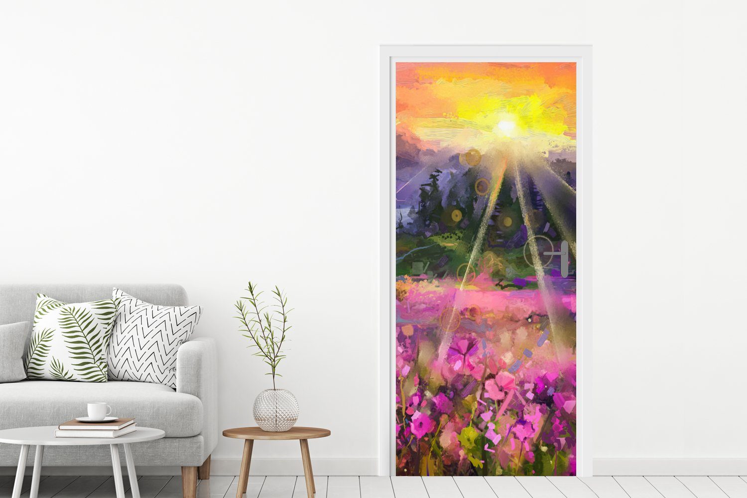 MuchoWow Türtapete cm - - Türaufkleber, Sonne, Blumen Tür, Gemälde - - bedruckt, 75x205 Matt, Fototapete (1 St), Natur für Ölfarbe