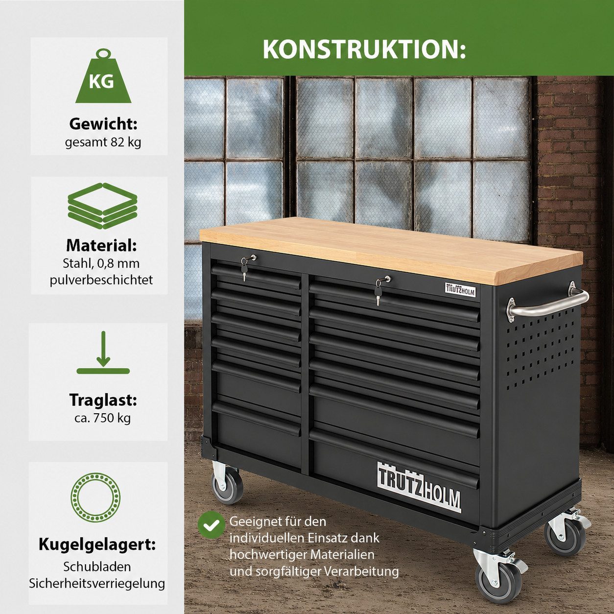 TRUTZHOLM Werkstattwagen DELUXE 12 Schubladen 123 cm Breite unbestückt massiver Arbeitsplatte, Profi Schubladenauszüge bis 40kg Tragkraft, Anthrazit/grau