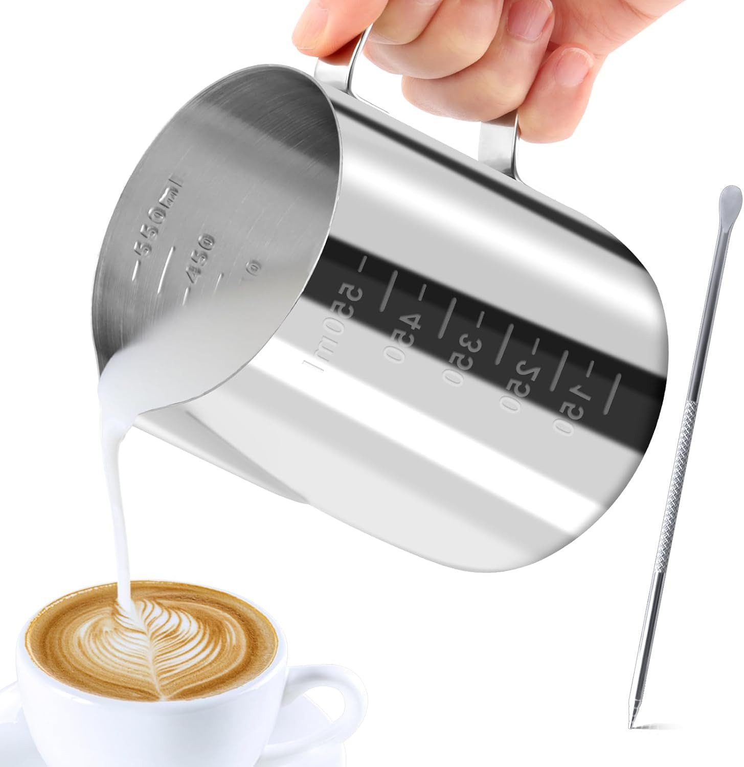 Refined Living Milchkännchen Handheld Edelstahl Aufschäumkännchen mit Latte-Art-Stift und Messskala, 600 l, (350/600 ml Milchkanne, Barista Milchaufschäumer, Barista Zubehör, Kaffee Creamer Milch Aufschäumer Kännchen Tasse, zum Milch Aufschäumen, Rostfrei, hitzebeständig, 1-St., mit Komfortabler Griff und tropffreier Ausguss, Spülmaschinenfest), für Cappuccino,Latte und Espresso, Vielseitig einsetzbar