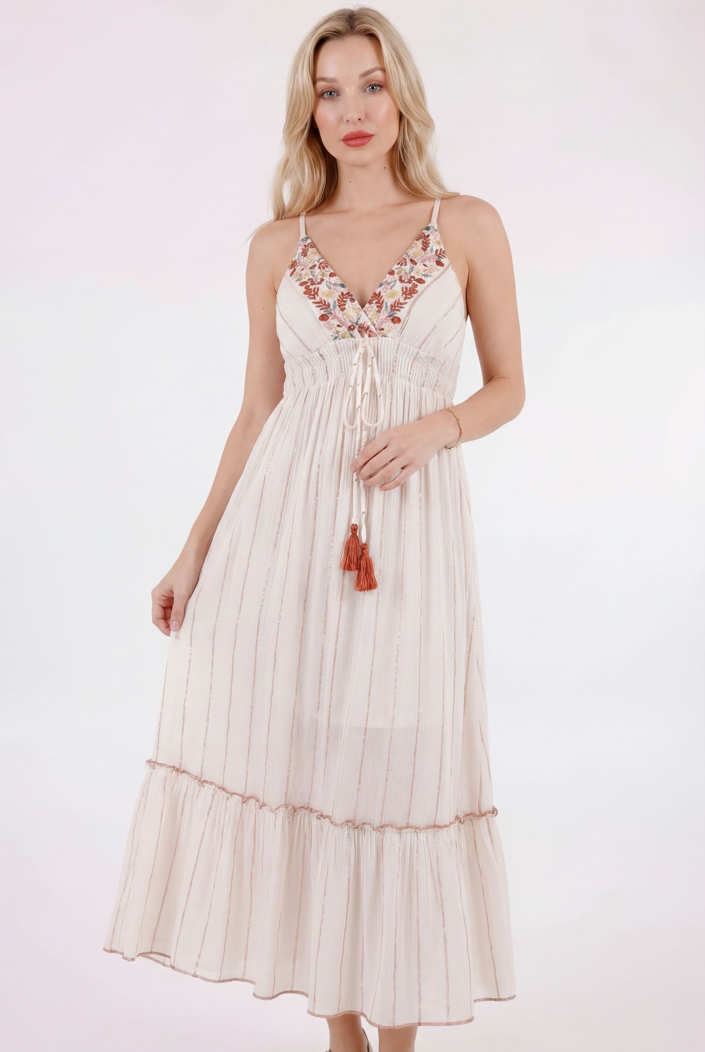 YC Fashion & Style Maxikleid Sommerkleid mit floraler Stickerei und elastischer Empire-Taille aus Viskose
