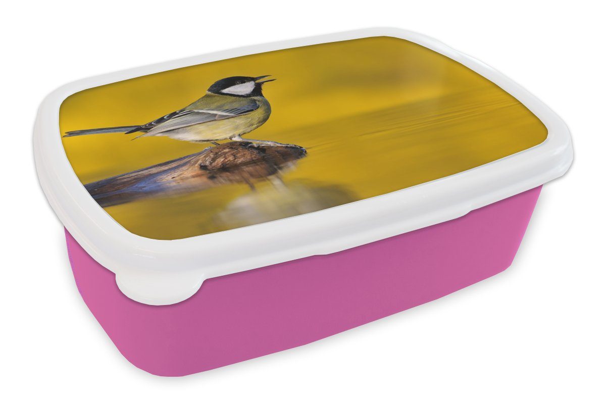 MuchoWow Lunchbox Kunststoff, Kunststoff Wasser, Brotbox Kohlmeise Mädchen, Kinder, (2-tlg), - Erwachsene, Brotdose Vogel - Snackbox, für rosa