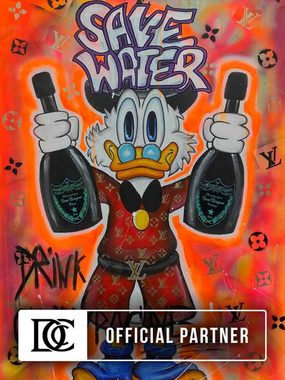 DOTCOMCANVAS® Leinwandbild, Duck Pop Art Comic Leinwand Bild Save Water drink champagne xxl Motiv
