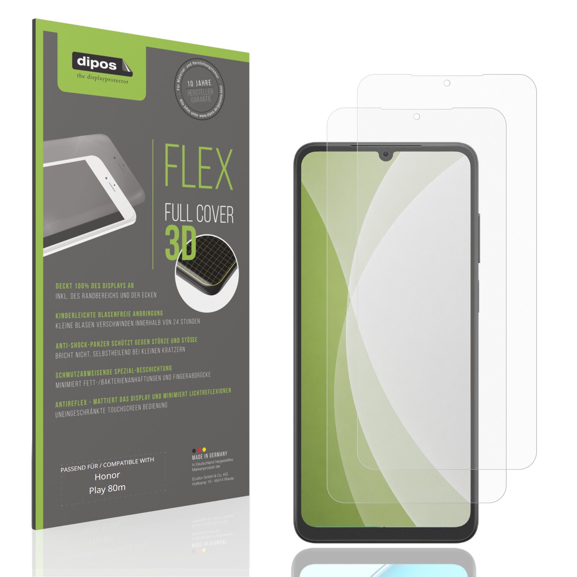 dipos Displayschutzfolie Schutzfolie für Honor Play 80m, 2 Stück, Displayschutz Schutz Folie Made in Germany