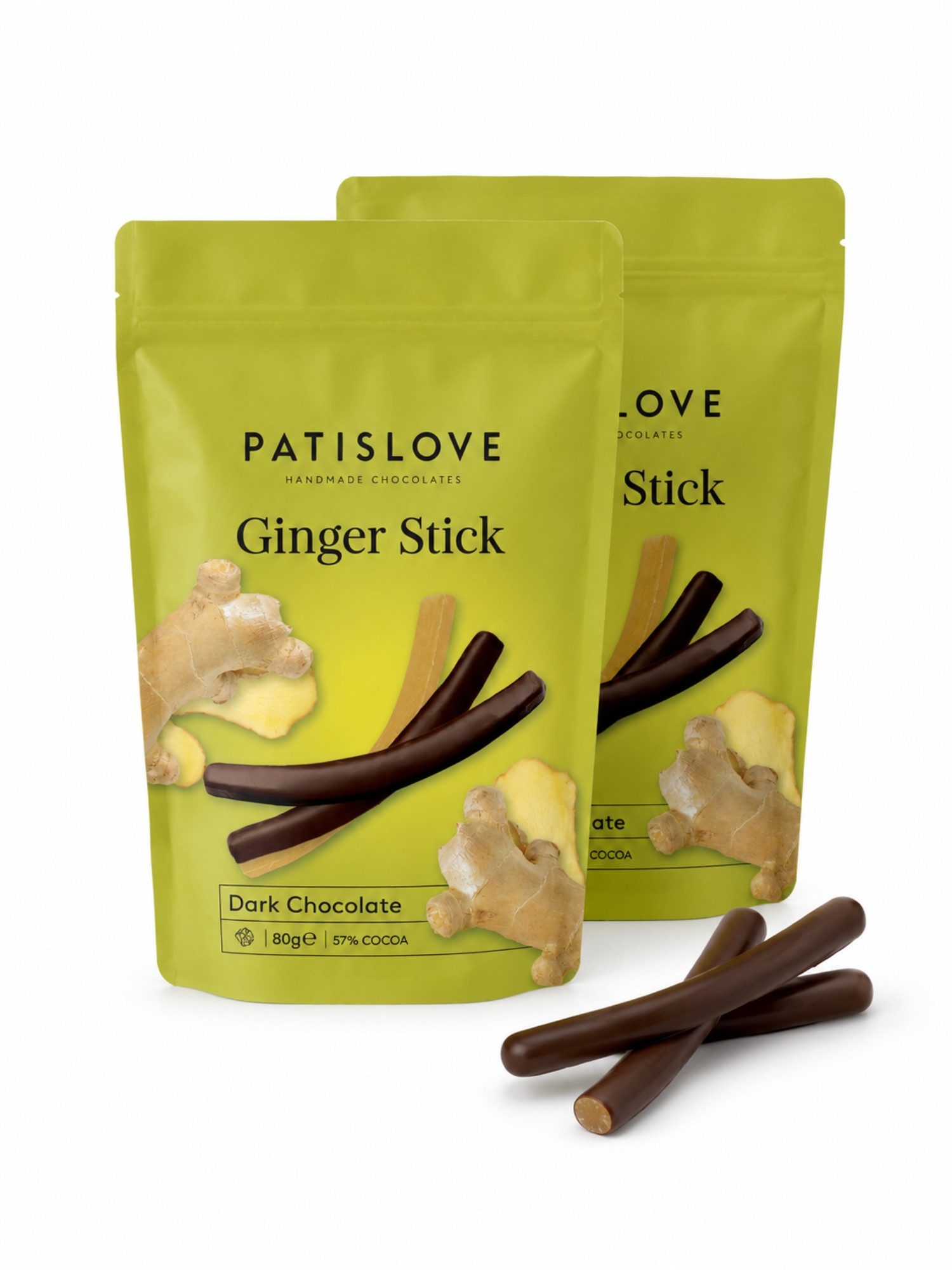 PATISLOVE Schokolade PATISLOVE Ingwerstäbchen in Zartbitterschokolade 80g – 57% Kakao, Handgefertigt,Mit kandiertem Ingwer.