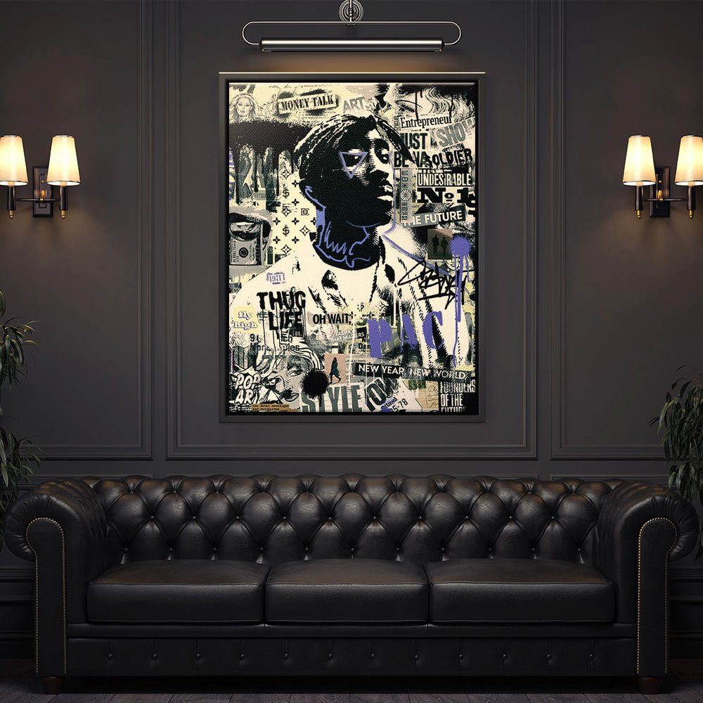 Premium schwarzer Tupac - Streetart Rahmen Motivationsbild Leinwandbild, - DOTCOMCANVAS®