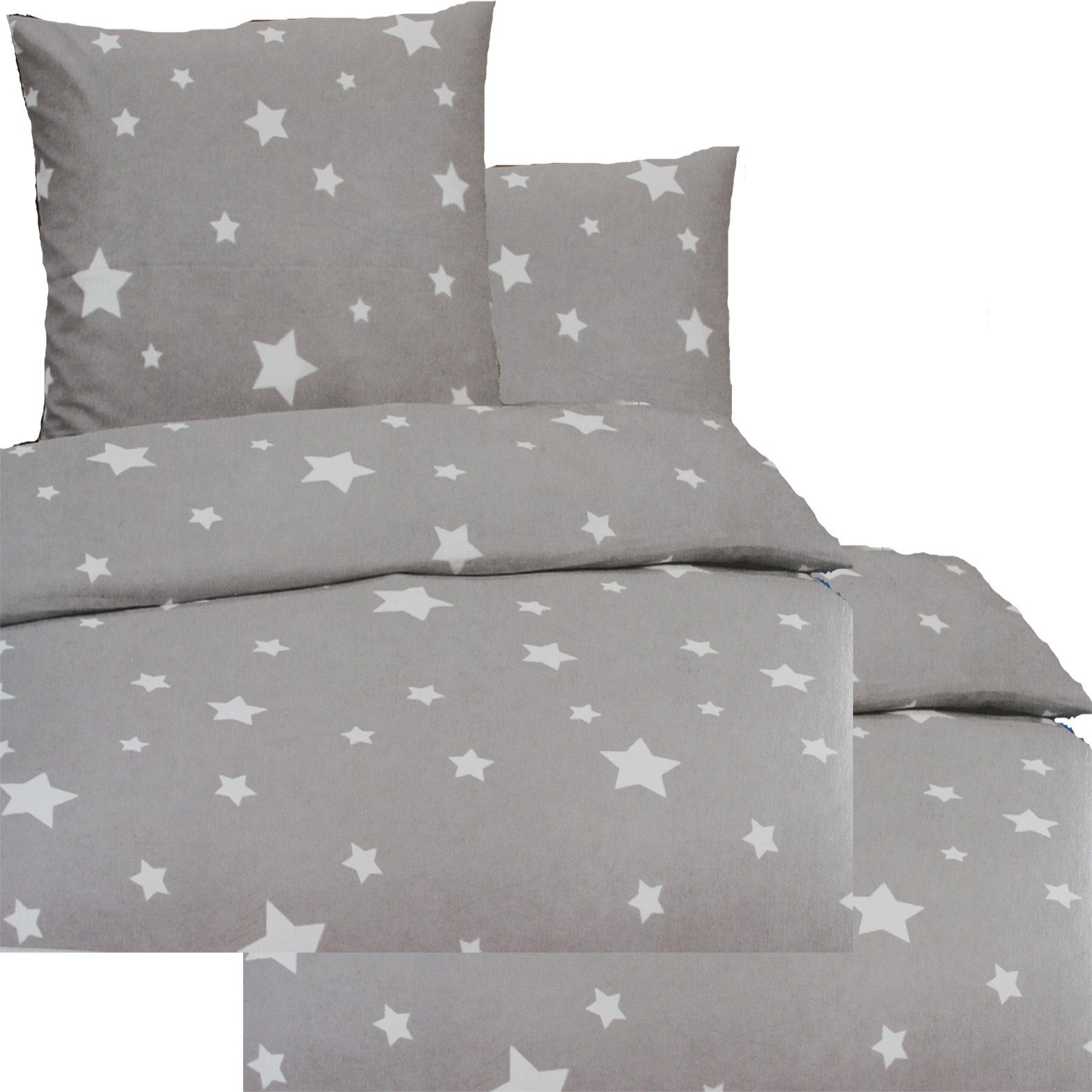 KH-Haushaltshandel Bettwäsche 4-tlg. Biber Winter Bettwäsche 135x200 + 80x80, 100% Baumwolle, Biber, 4 teilig, grau, mit weißen Sternen, flauschig weich warm