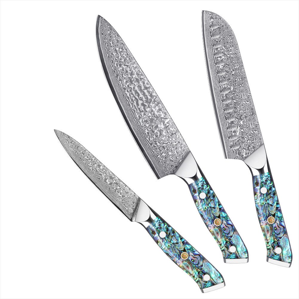 KingLux Messer-Set 3tlg. Damast Messerset mit 67Lagen VG10 Stahl, Abalone-Muschel Griff (3-tlg)