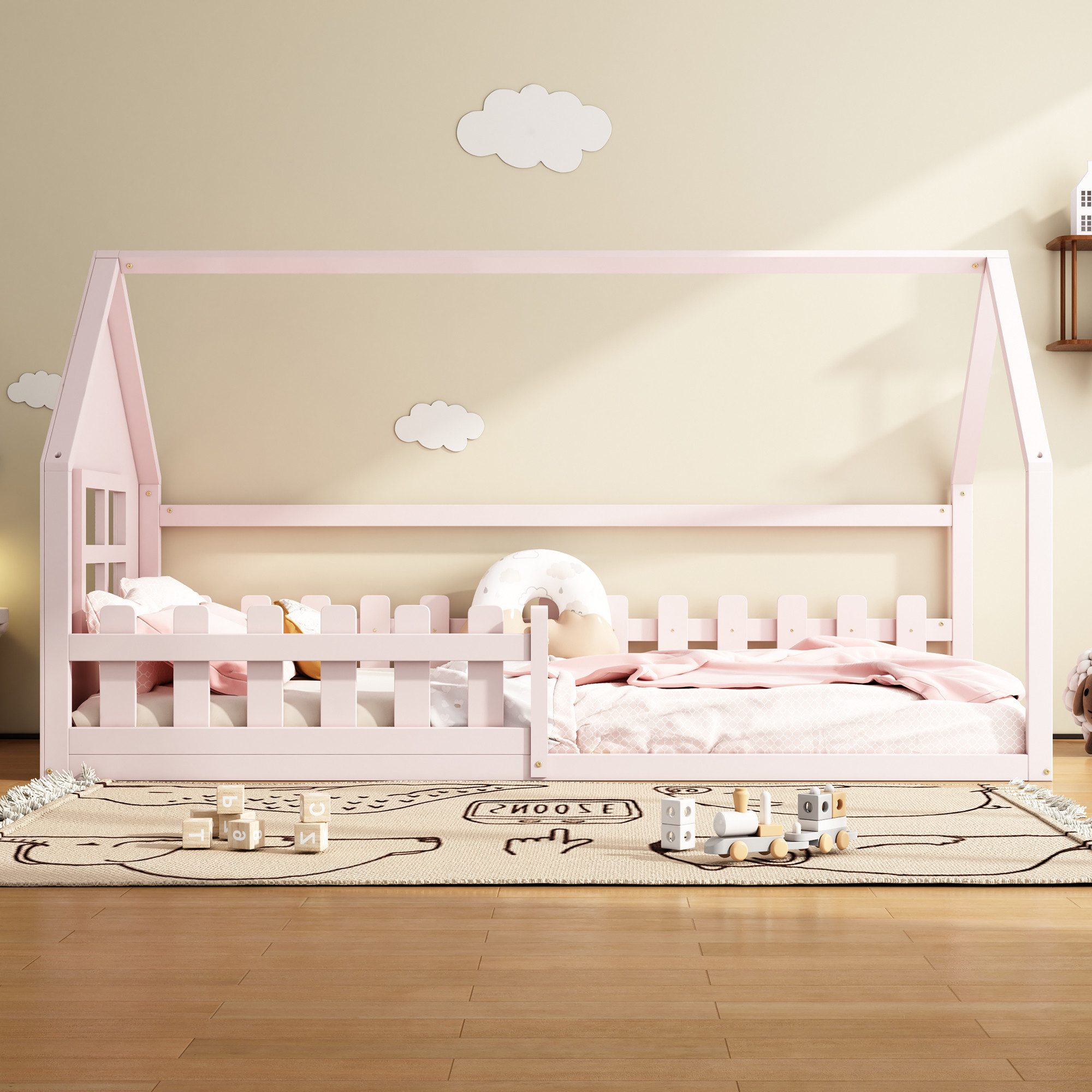 Flieks Massivholzbett, Kinderbett Hausbett Einzelbett 90x200cm mit Lattenrost und Zaun