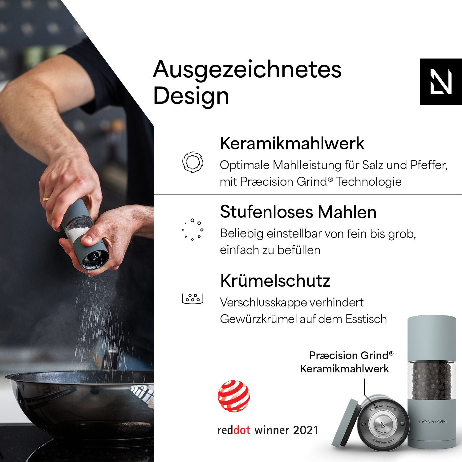 LARS NYSØM Gewürzmühle Sjæl manuelle Bedienung, (2 Stück), Edelstahl Gewürzmühlenset mit Keramikmahlwerk (Stufenlos) – Bild 2 von 5