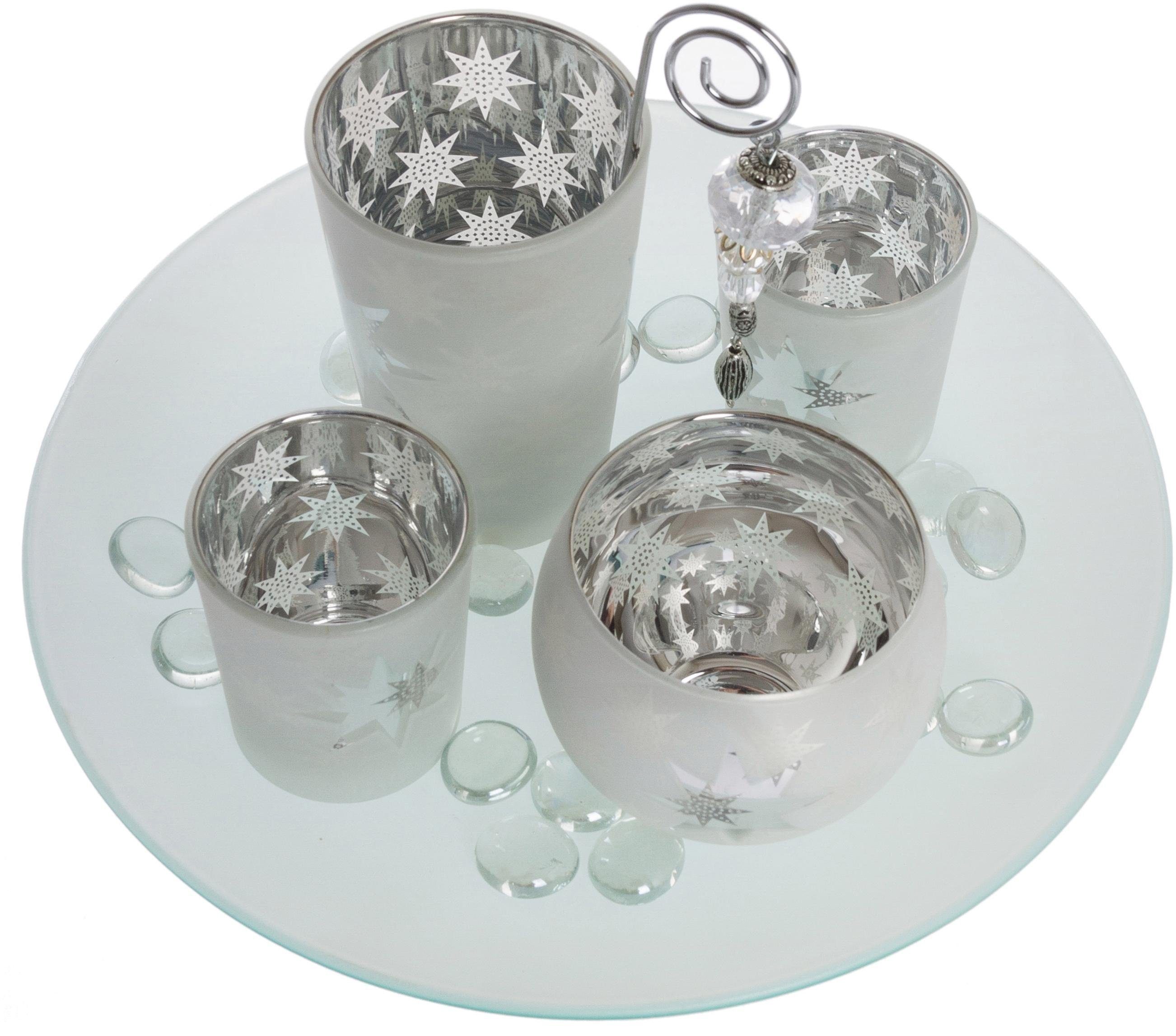 Myflair Möbel & Accessoires Teelichthalter Solmas, Weihnachtsdeko (Set, 5 St., 1x Kerzenteller, 4x Teelichtgläser), Adventsleuchter aus Glas, für 4 Kerzen | Teelichthalter