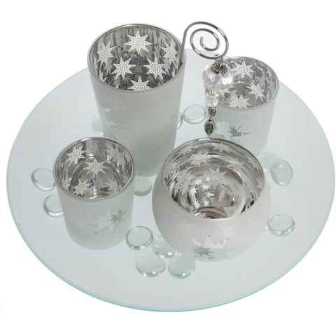 Myflair Möbel & Accessoires Teelichthalter Solmas, Weihnachtsdeko (Set, 5 St., 1x Kerzenteller, 4x Teelichtgläser), Adventsleuchter aus Glas, für 4 Kerzen