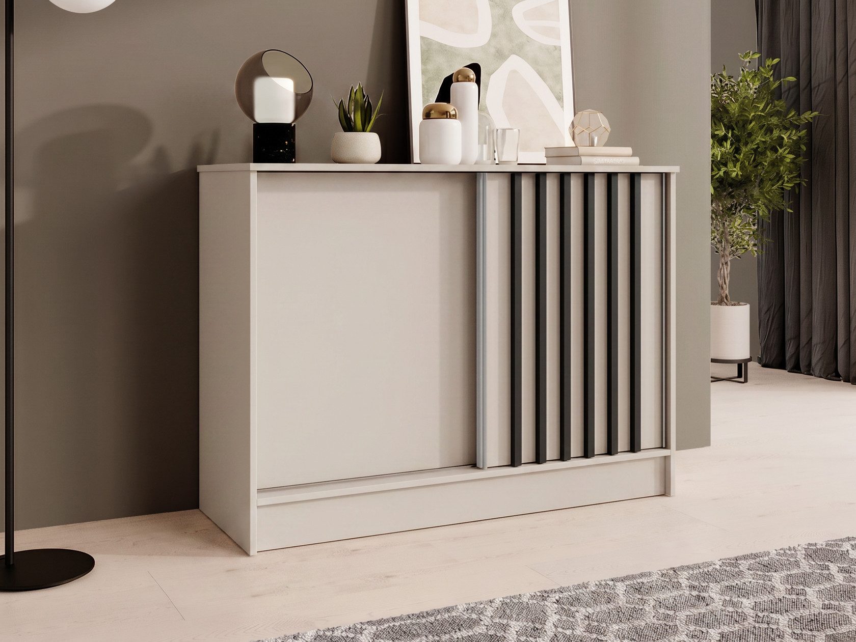Beautysofa Kommode mit 2 Schiebetüren HORIZON (in 100 cm, 120 cm oder 160 cm, verschiedene Farben: Eiche Artisan, Schwarz, Weiß, Kaschmir), mit dekorativen Lamellen