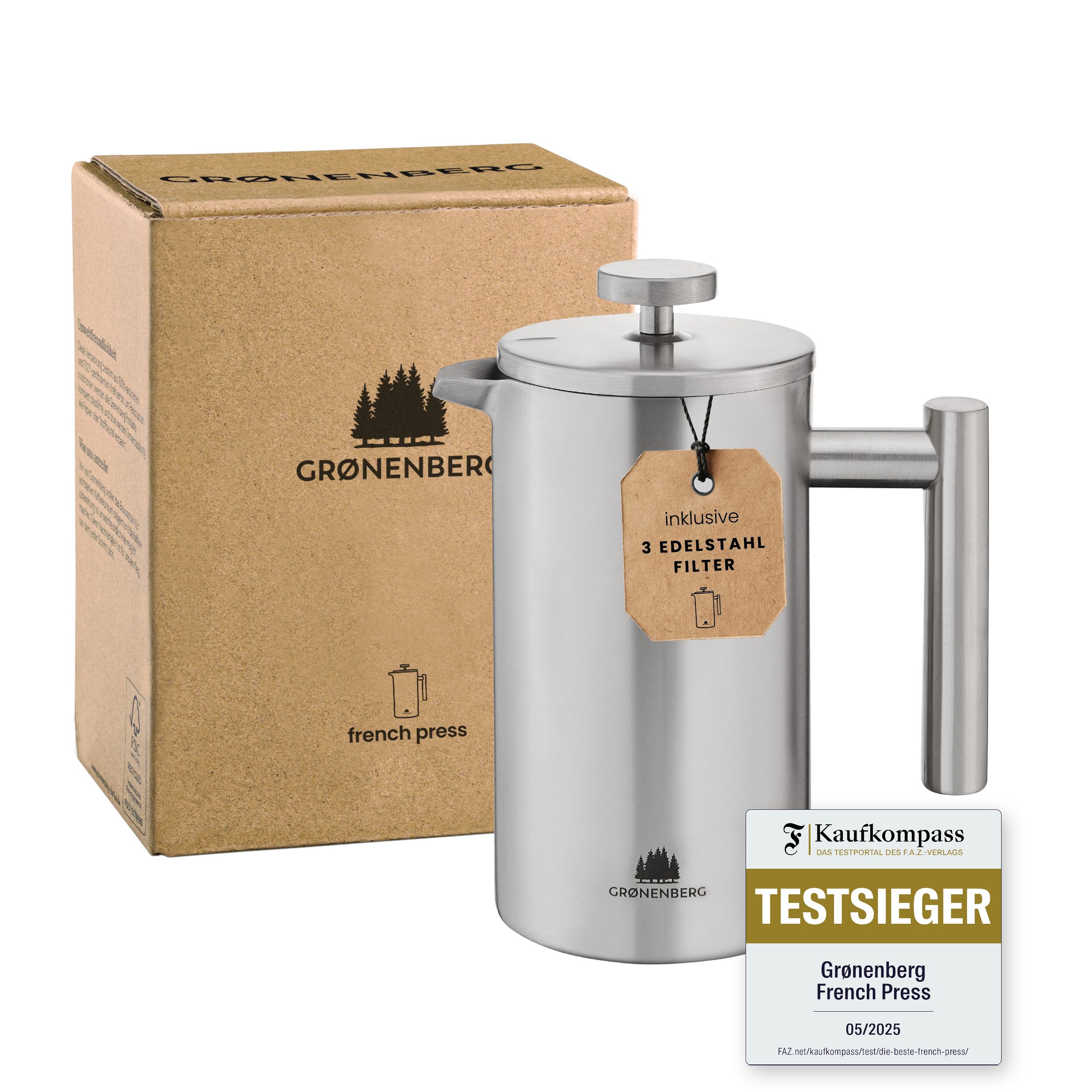 GRØNENBERG Френч прессы Kanne 0,35 - 1 Liter l Edelstahl Кофеварки mit Thermo Effekt, 0.35l Kaffeekanne, Kaffeepresse inkl. 3 Ersatz-Filter