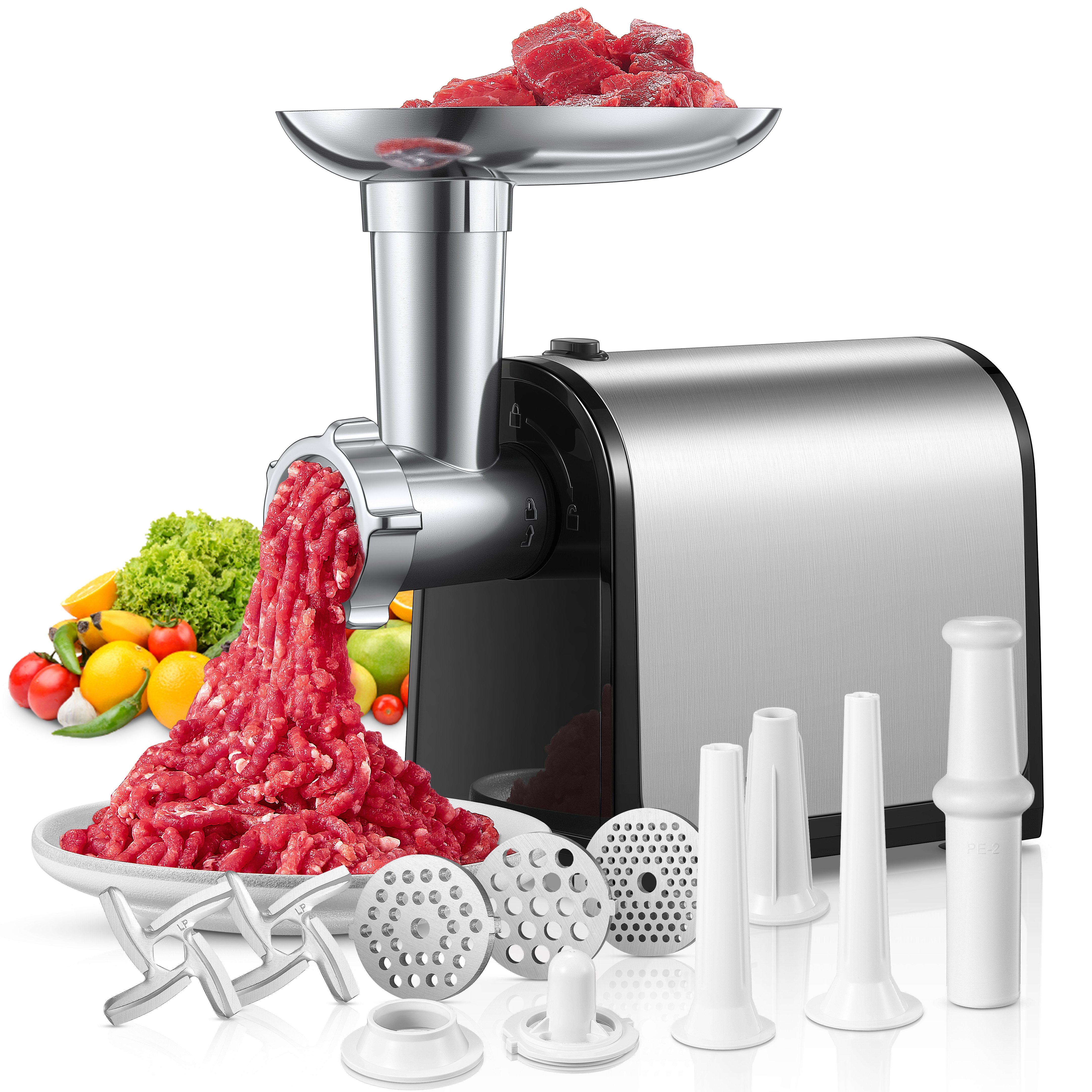 FOHERE Fleischwolf 3 in 1 Elektrischer Fleischwolf mit 3 Edelstahl-Schleifplatten, 3000 W, 1 Kubbe & 3 Wurstfüllrohren – perfekt für Rind, Huhn, Schwein, Wild