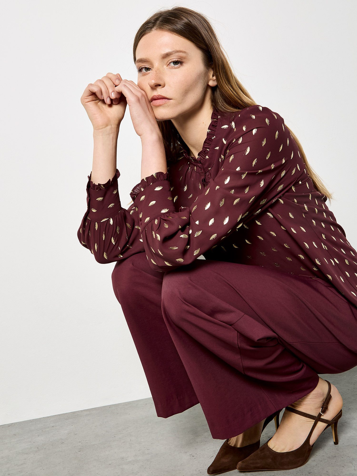 Apricot Rüschenbluse Rüschenbluse mit Goldfoliendruck