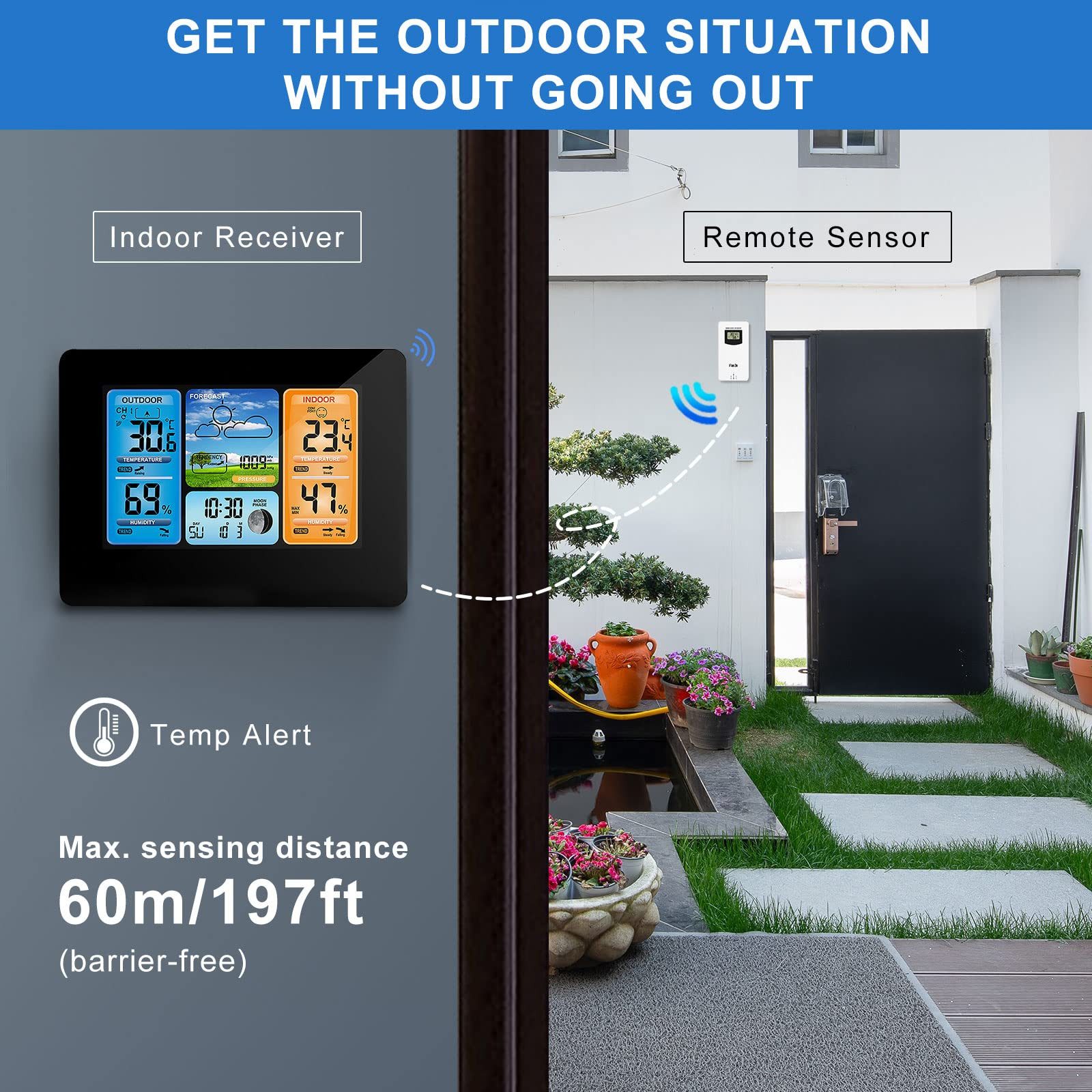 BlingBin Funkwetterstation Digital Farbvorhersage Wetterstation Mit Außensensor Wetterstation (kabelloser Außensensor, Mit Alarm und Temperatur/Feuchte/Barometer/Alarm/Mondphase Wetteruhr)