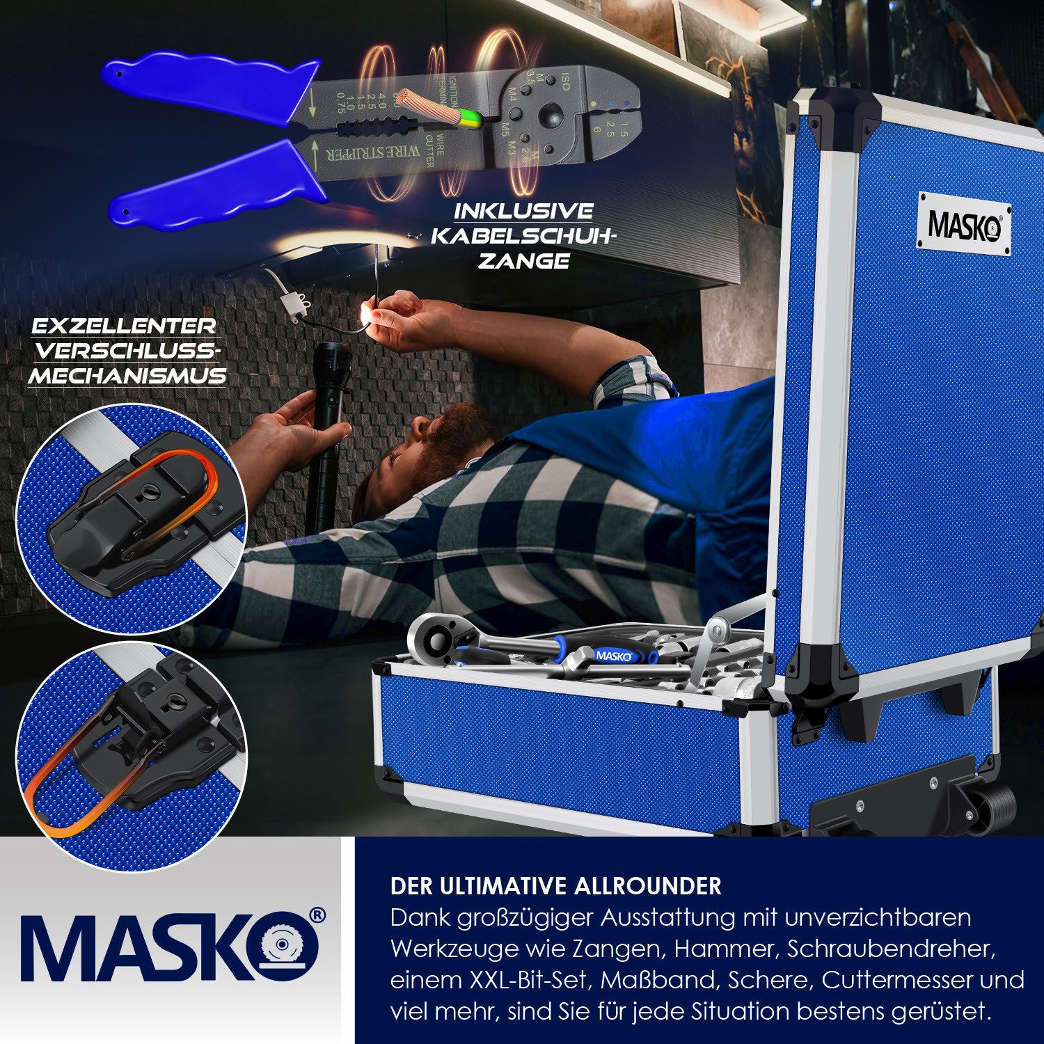MASKO Werkzeugtrolley Werkzeugkoffer 1400-teilig, Werkzeugkasten aus Aluminium mit Rollen (gefüllte Werkzeugkiste mit Profi-Werkzeugset aus 1.400 Einzelteilen), – Bild 5 von 5