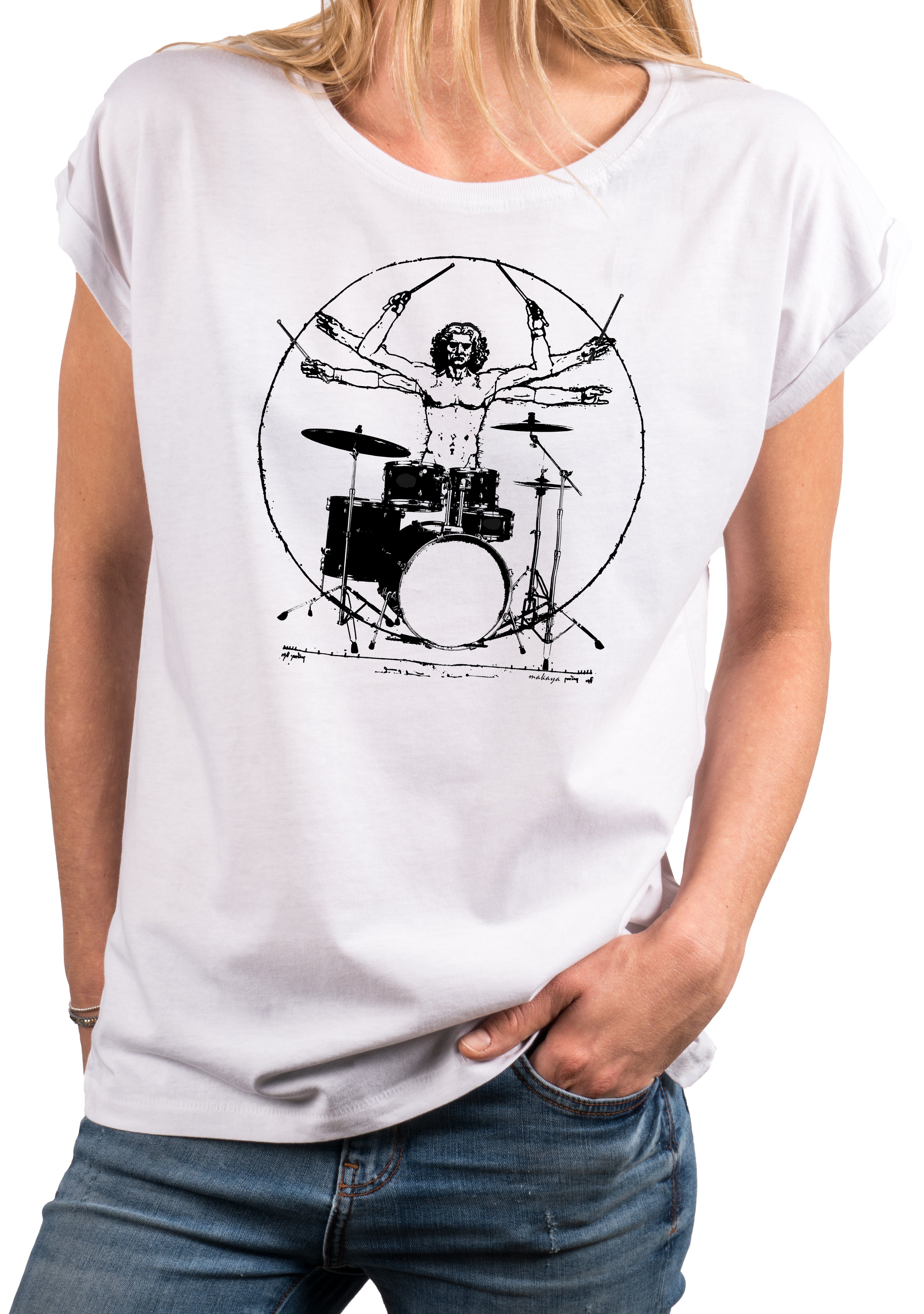 MAKAYA Print-Shirt Musik Damen Top Vintage Schlagzeug Drummer Motiv Damenshirt Bandshirt mit Druck, aus Baumwolle, große Größen Weiß