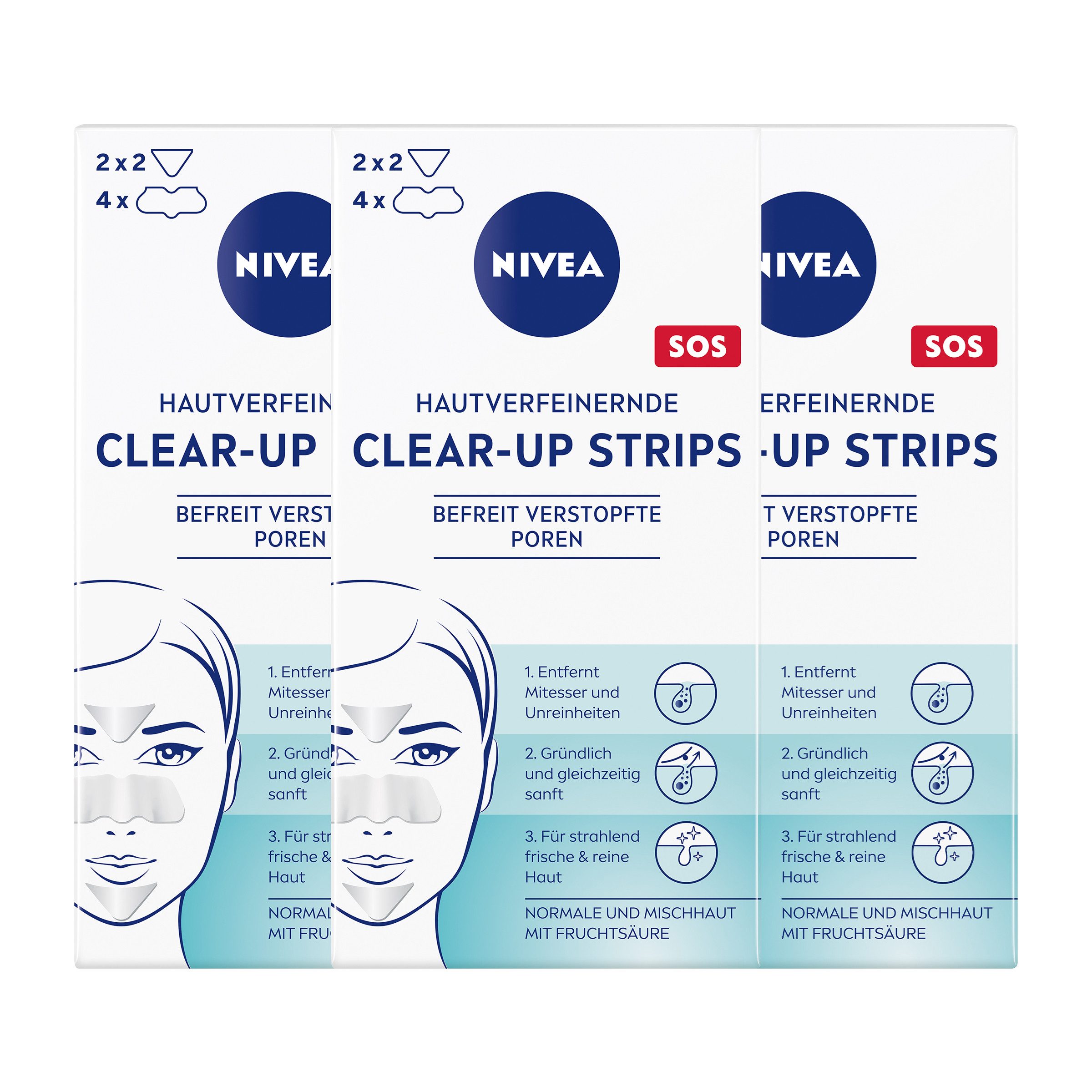 Nivea Gesichtsreinigungstücher Clear-up Strips hautverfeinernd entfernt Mitesser sanft 3 x 6 Strips, 18-tlg., Fruchtsäure