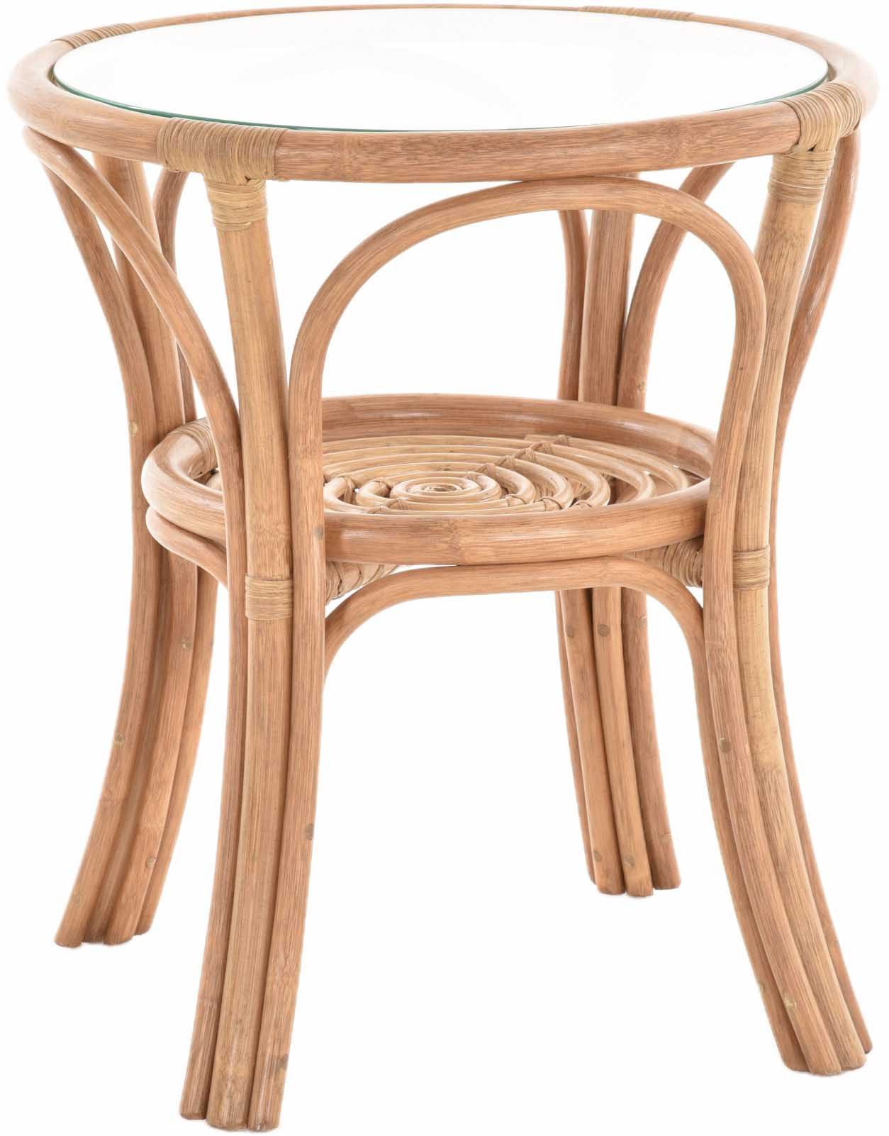Krines Home Beistelltisch Rattantisch klein Ø 56 cm mit Glasplatte Beistelltisch Kaffeetisch, Wohnzimmertisch rund, mit Ablage