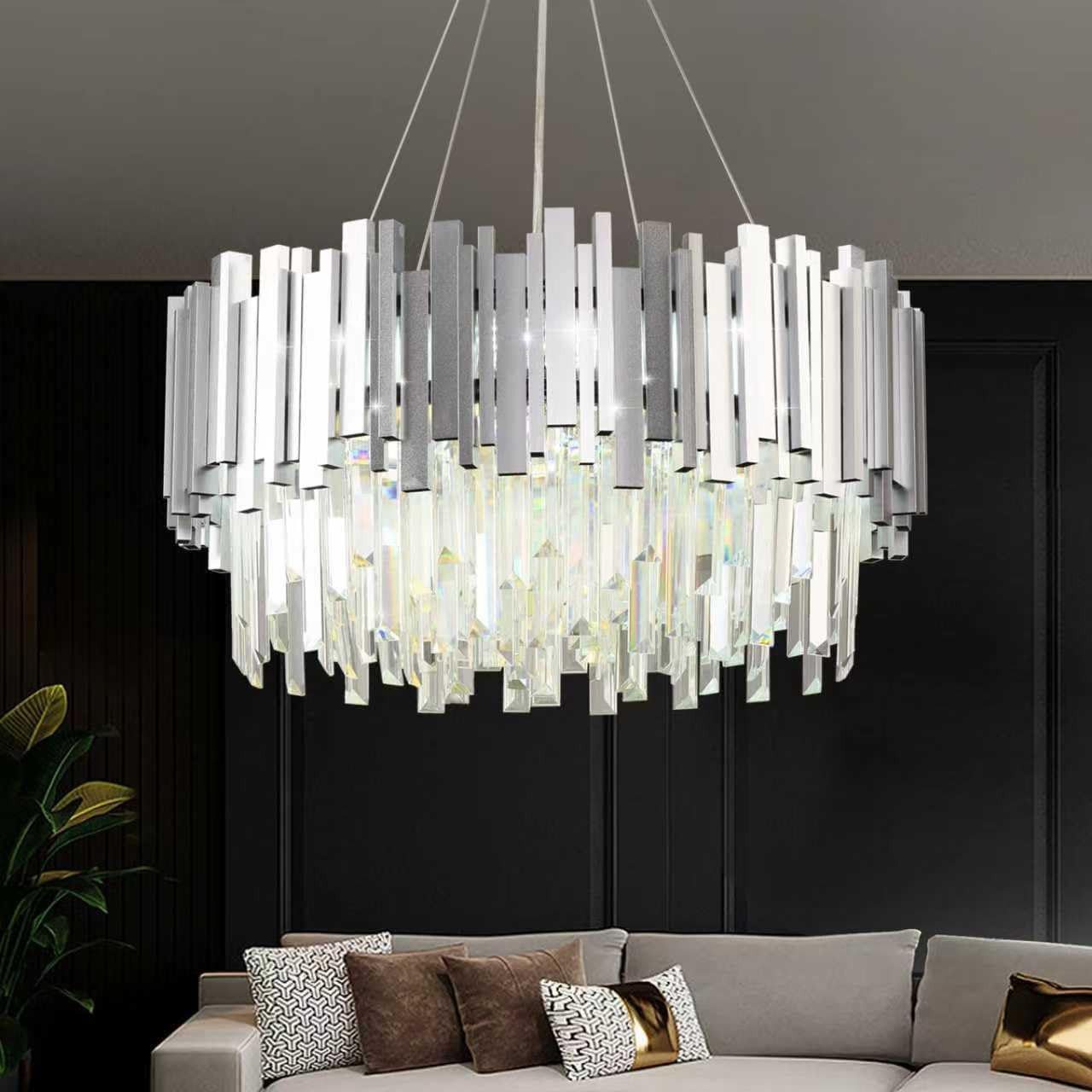 RRBEST Kronleuchter Kristall Leuchte, Kristall Deckenleuchte Silver, 9xE14 Lichter, für Esszimmer, Küche, Wohnzimmer, Schlafzimmer, Flur, Café, Bar