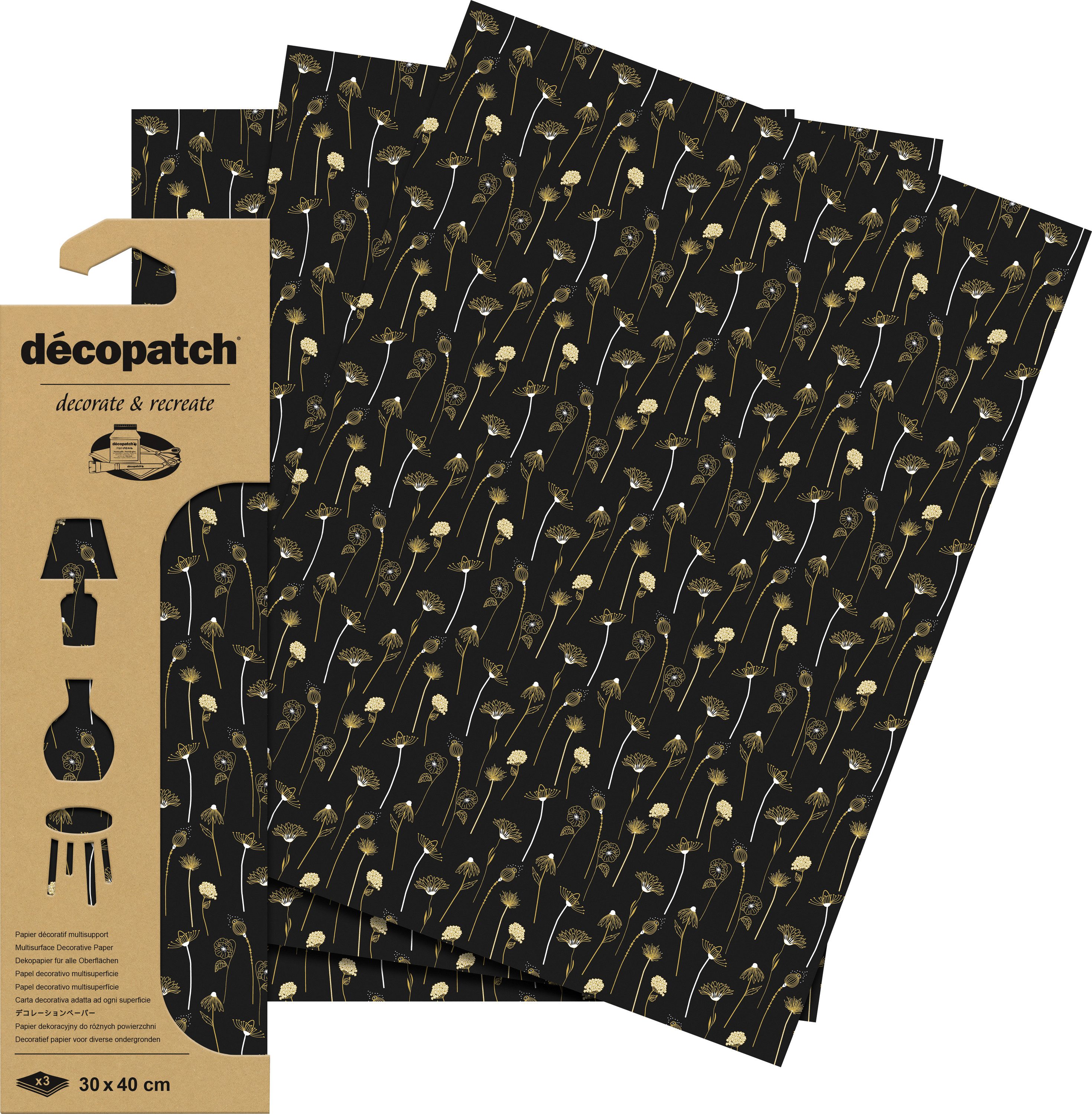 décopatch Motivpapier Golden Flowers, 3 Stück