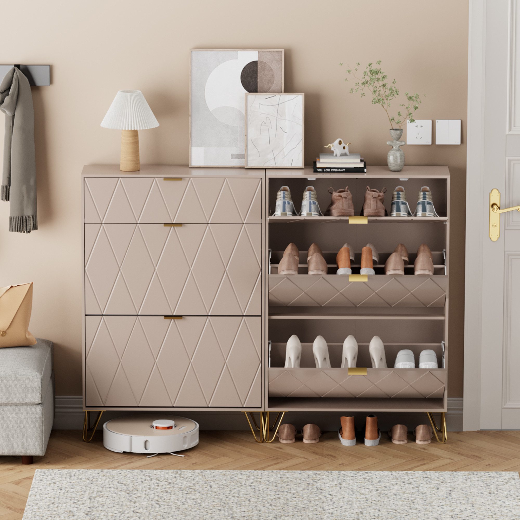 UEV Schuhschrank mit 2 Klappen Schuhregal Schuhkipper, Trennwände verstellbar (Schmal Schrank. Schuhkommode im Flur) B80 x T24 x H120 cm für 16 Paar Schuhe, Pla – Bild 5 von 5