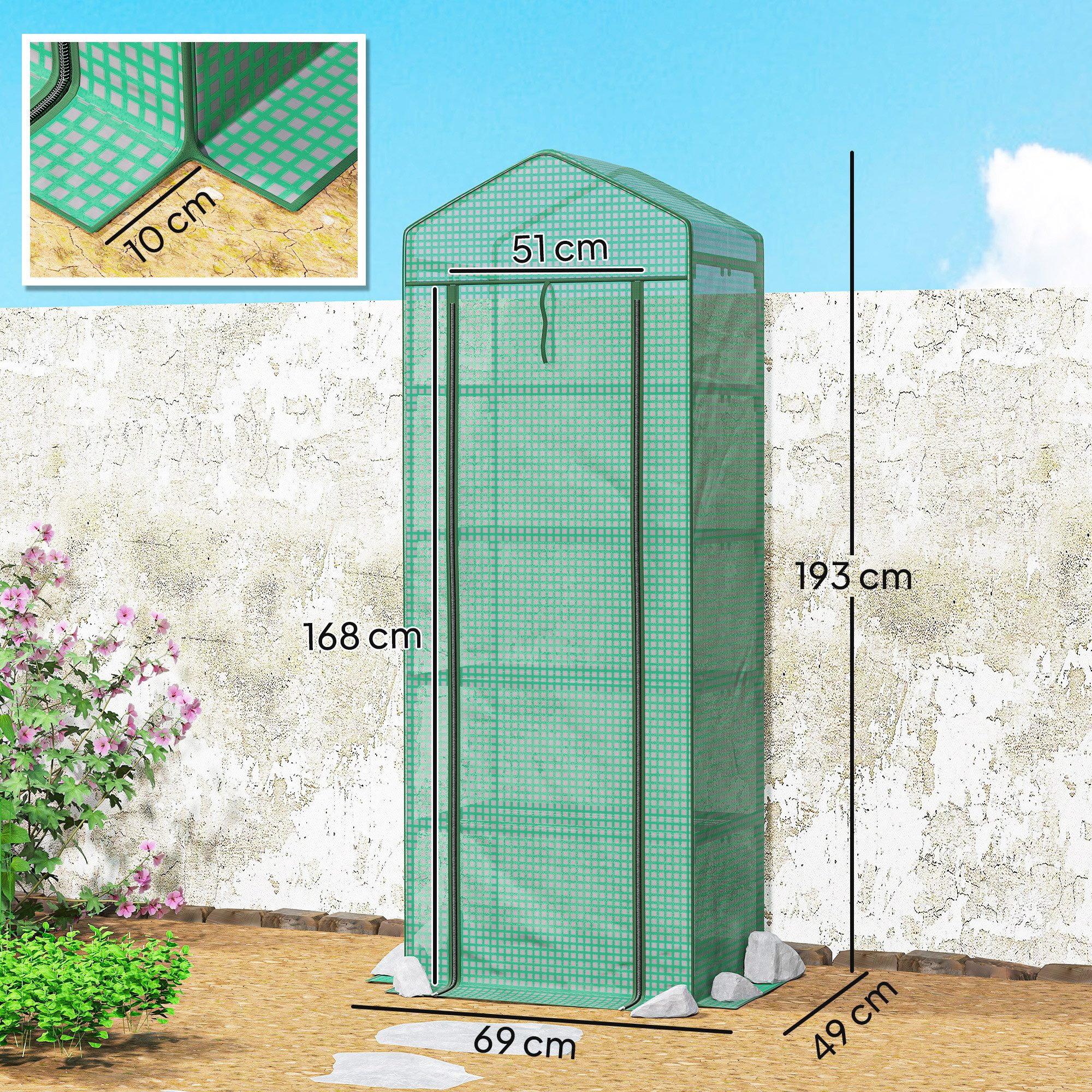 Outsunny Foliengewächshaus mit Rolltür, Regale, winterfest, aus Stahl, BxTxH: 180 x 49 x 193 cm, BxLxH: 49 x 69 x 193 cm, Gewächshaus 1-St., Folien Treibhaus, für Balkon, Garten, für Tomaten, Gemüse, Grün