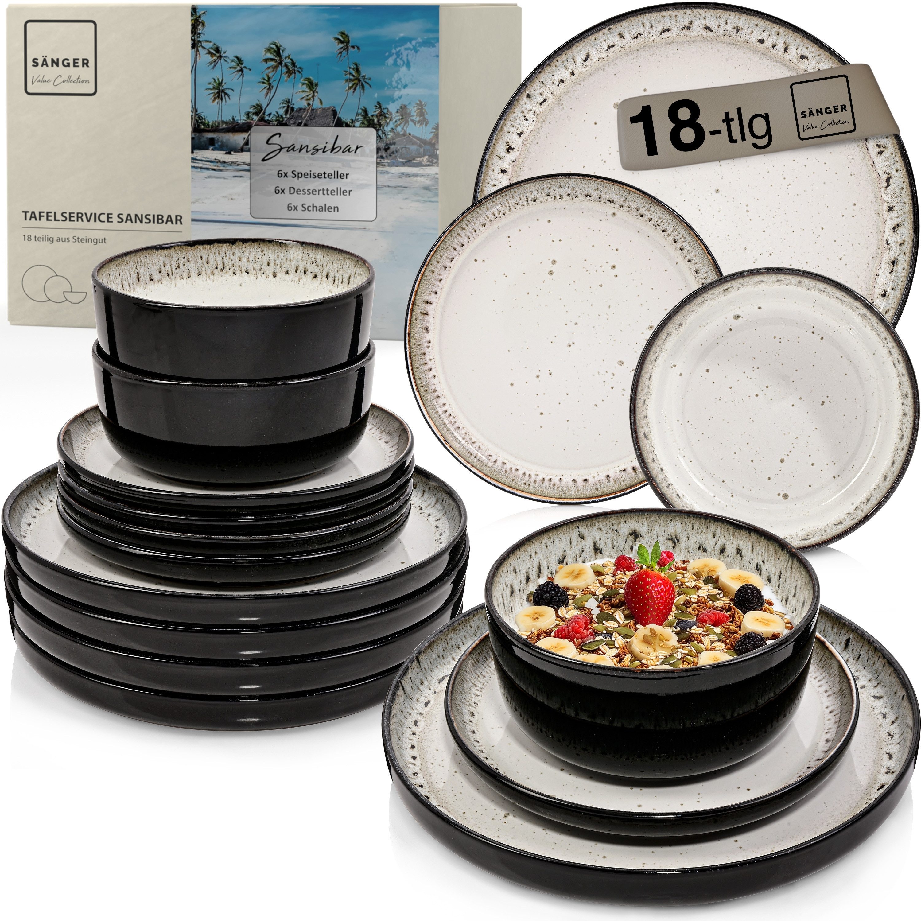 SÄNGER Tafelservice Sansibar Geschirrset (18-tlg), 6 Personen, Steingut, Grau, Handmade, VALUE COLLECTION