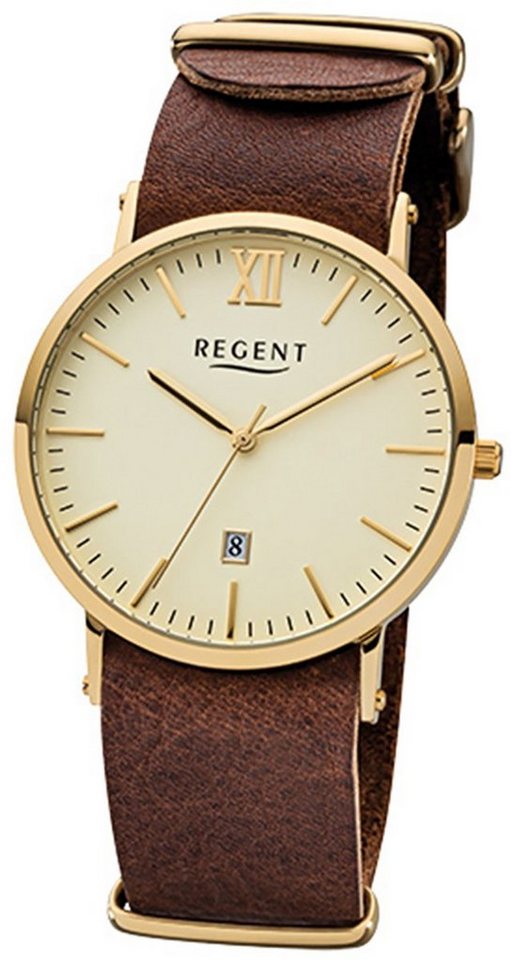 Quarzuhr Analog, Armbanduhr braun Herren Regent gold Herren-Armbanduhr rund, (ca. groß Lederarmband, Regent ionenplattiert 40mm), Gehäuse