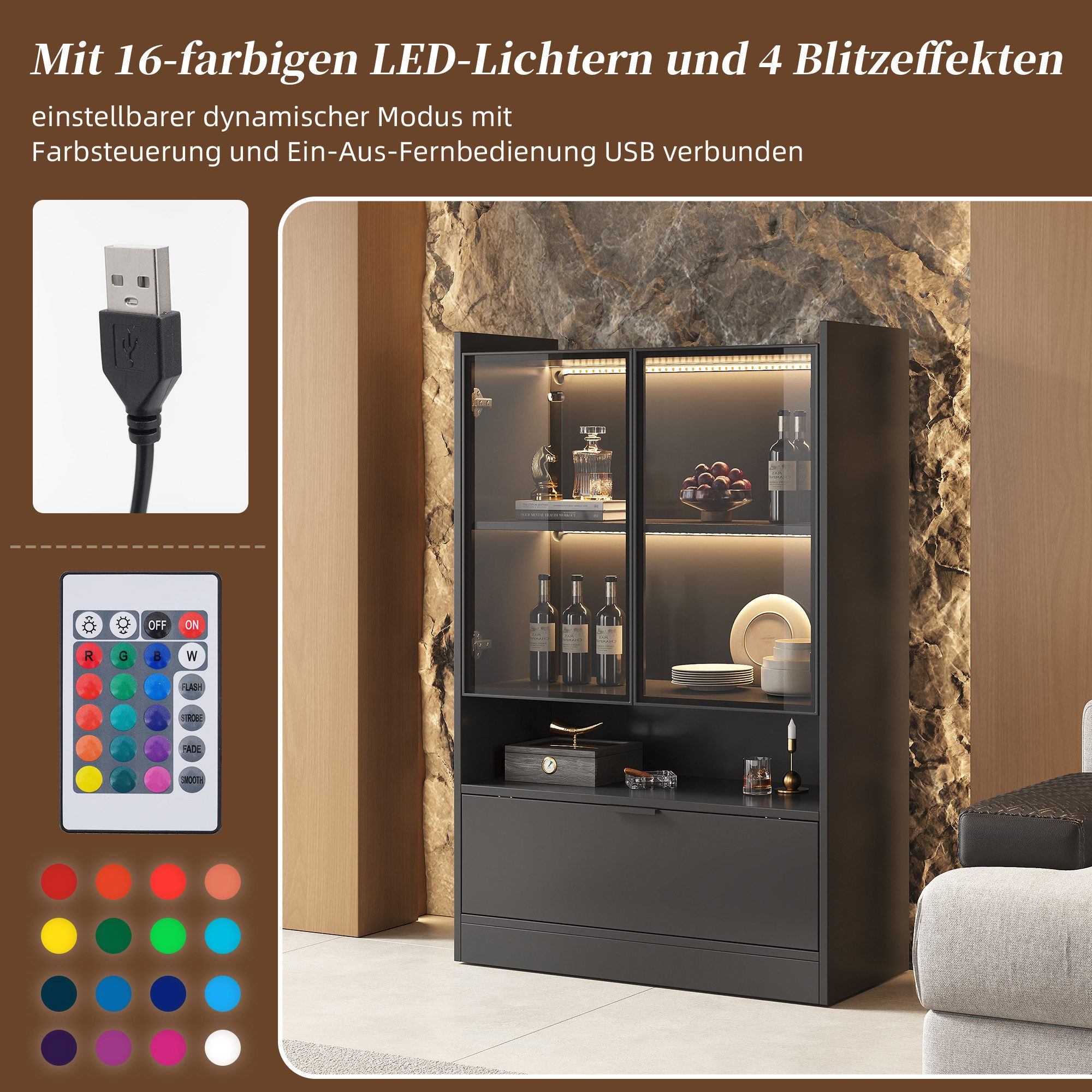 Merax Standvitrine Matt Glasvitrine mit LED-Beleuchtung und Stauraum (1-St., Standregal Schrank Vitrine) Wohnzimmerschrank mit Glastüren und Klapptür, H:120cm – Bild 4 von 5