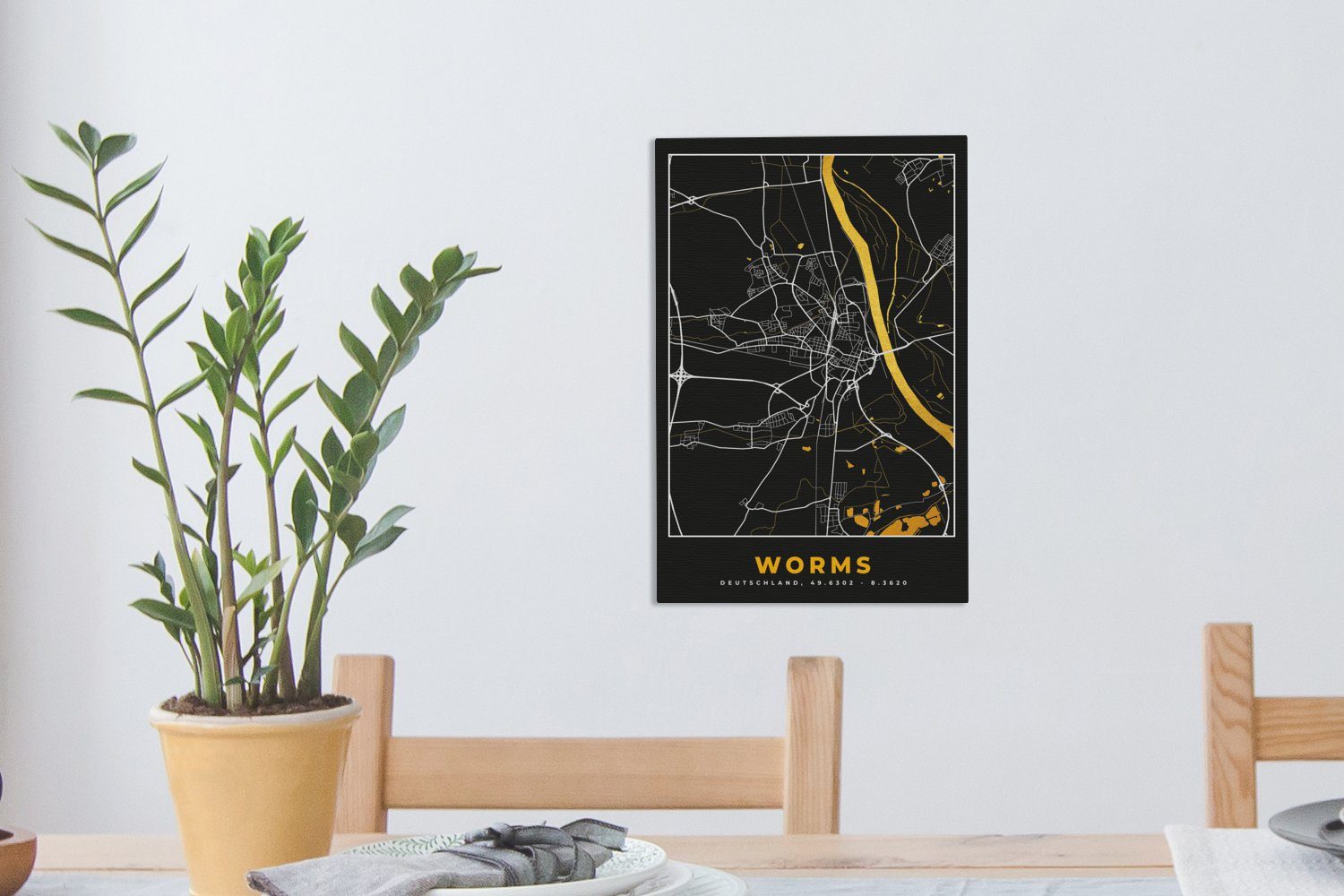 20x30 Worms OneMillionCanvasses® cm inkl. Karte, Zackenaufhänger, Deutschland - Gemälde, - - Gold - St), bespannt und Schwarz fertig Stadtplan Leinwandbild Leinwandbild (1