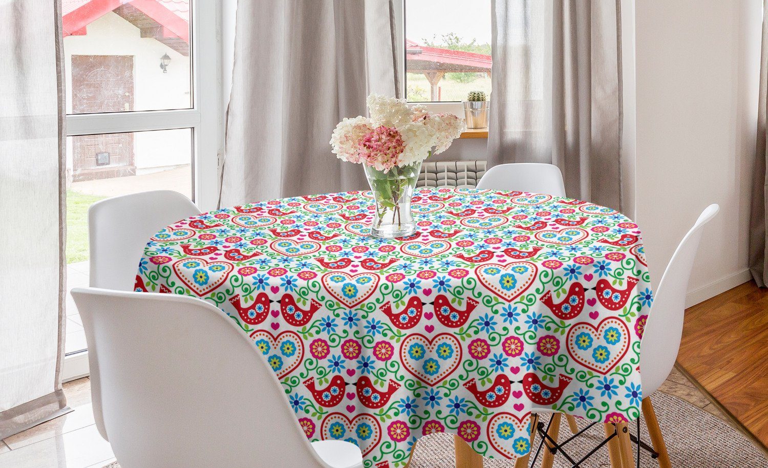 Abakuhaus Tischdecke Kreis Tischdecke Abdeckung für Esszimmer Küche Dekoration, Volkskunst Blumen Vögel und Herzen