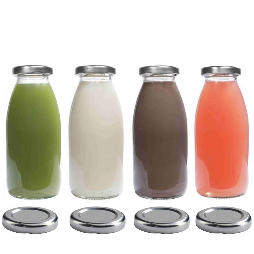 mikken Trinkflasche 4x Milchflasche 250 ml mit Schraubdeckel plus 4 Ersatzdeckel, Inhalt 250 ml, große Öffnung