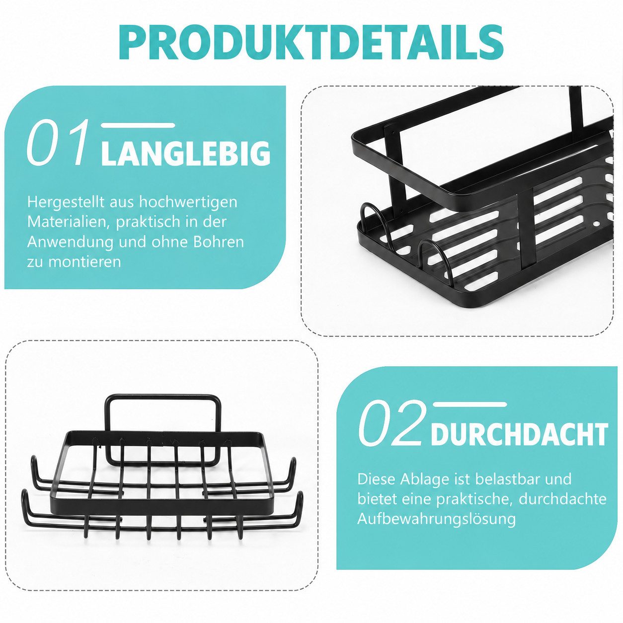 BlingBin Duschregal Ecke ohne Bohren Badezimmer Organizer, Badregal 3 Stück, Schwarz, 1er Set 1-tlg., Shampoo Halterung für Dusche, Duschkörbe & Duschablagen, S – Bild 3 von 5
