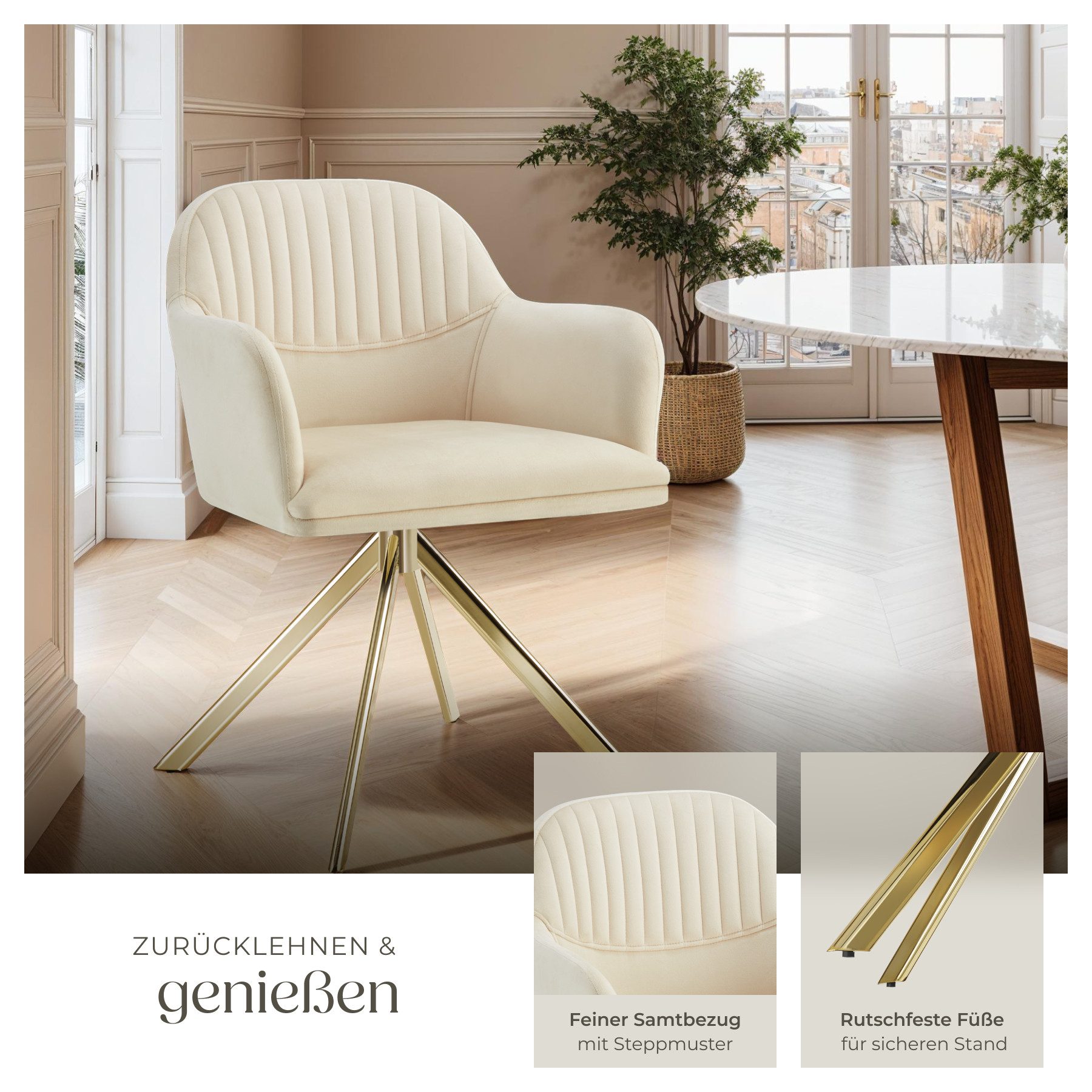 tectake Esszimmerstuhl Samt-Drehstuhl gepolstert, mit durchgehender Lehne, 56 x 59 x 81 cm (Bürostuhl Lona in creme/gold, 2 St), 360° drehbar, schlanke Stahlbei – Bild 4 von 5