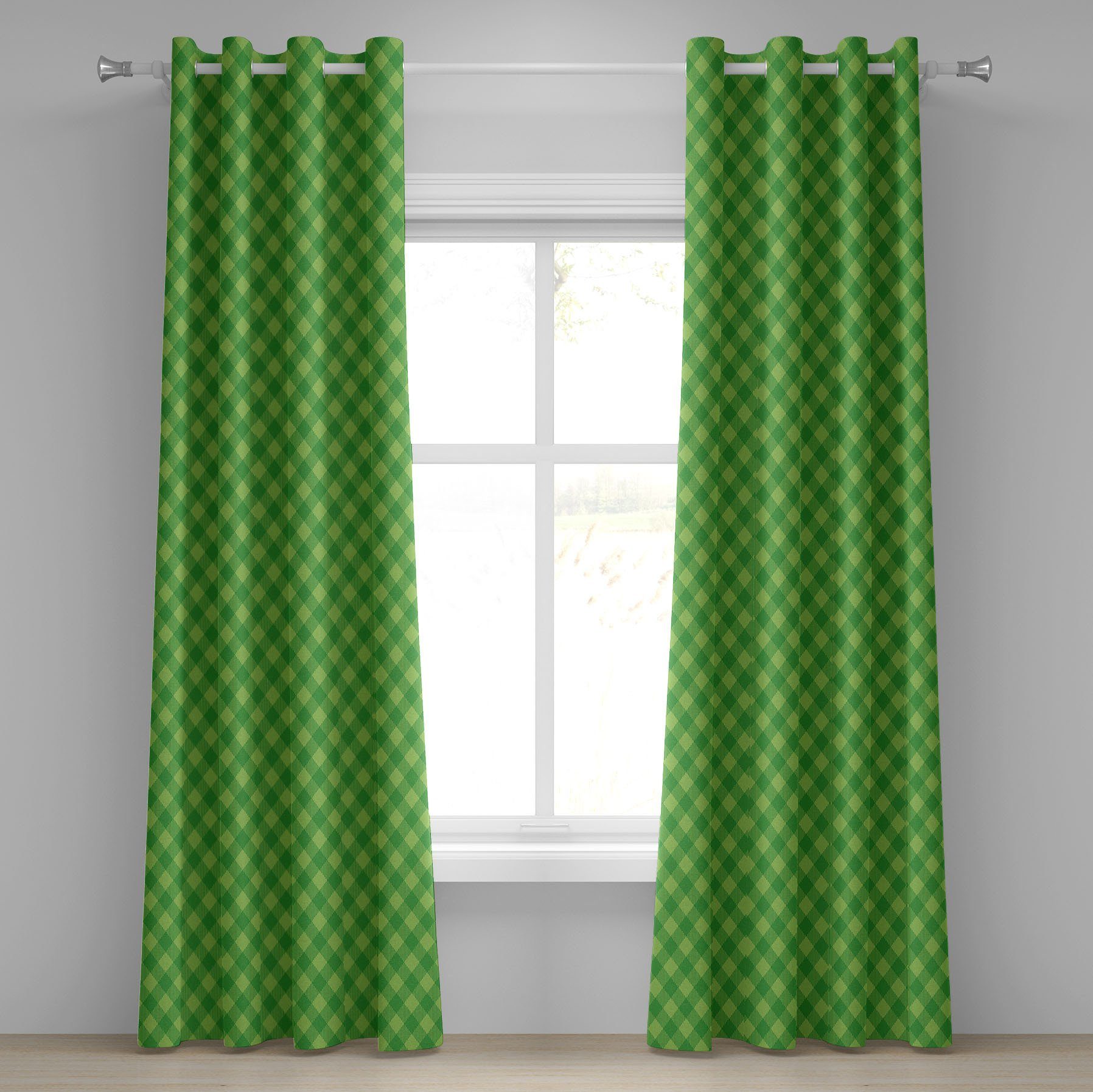 2-Panel-Fenstervorhänge Abakuhaus, Schlafzimmer karierte Gardine für Wohnzimmer, Dekorative grüne irisch Retro