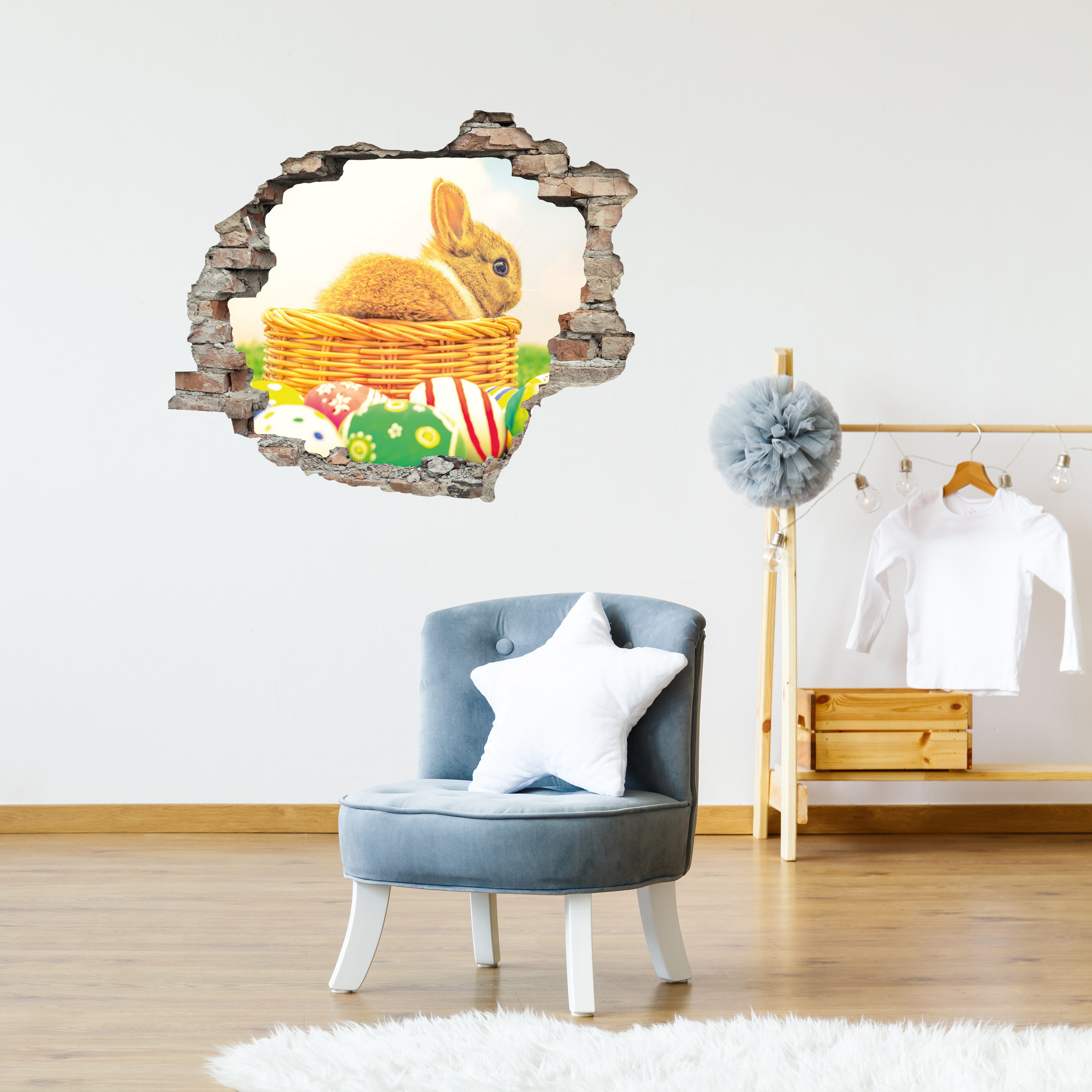 queence 3D-Wandtattoo Osterhase im Nest (1 St), Selbstklebender Wandsticker Ostern Wanddurchbruch 60x50cm