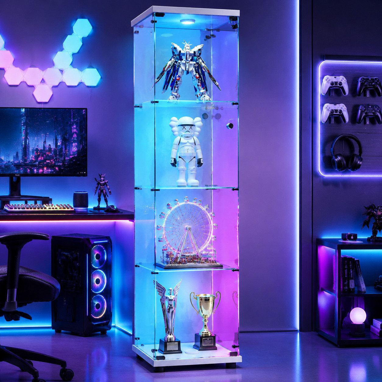 Simurq Glasvitrine glasvitrine,vitrinenschrank,vitrine mit LED,4 lagen sammlervitrine (Packung, Sammlervitrine Schauvitrine mit türen und Schloss, Gehärtetes Glas) LED-Streifenbeleuchtung; Mit Schloss
