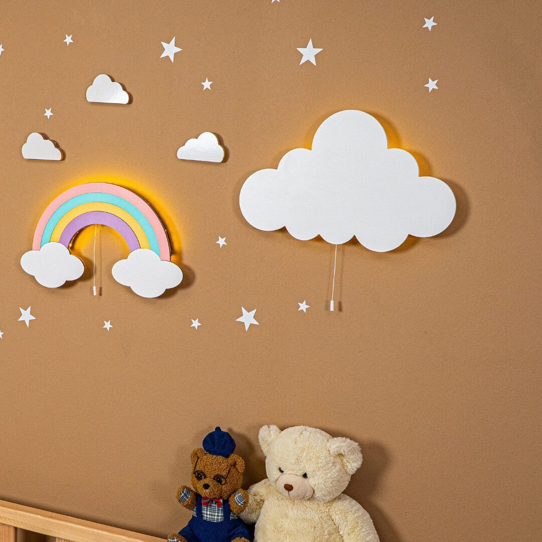 COZYCOLLECTIONS LED Wandleuchte Handbemalte LED-Wandleuchte Regenbogen + Weiße Wolke in Holzoptik, Warmweiß, Montessori-Design: ruhige Formen, warmes LED, kabellos