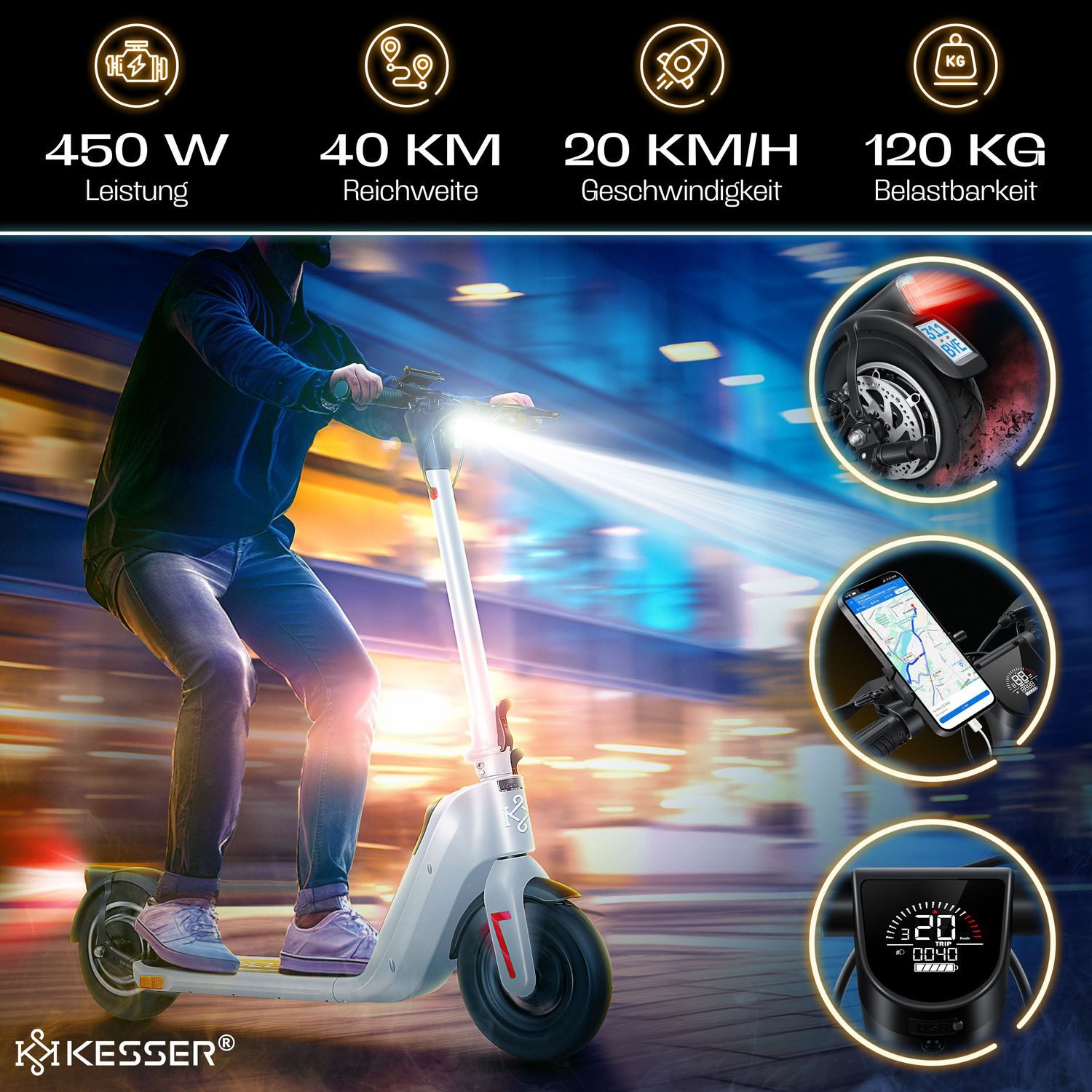 Thumbnail - KESSER E-Scooter, Elektro Roller mit Straßenzulassung 40km Reichweite Faltbar