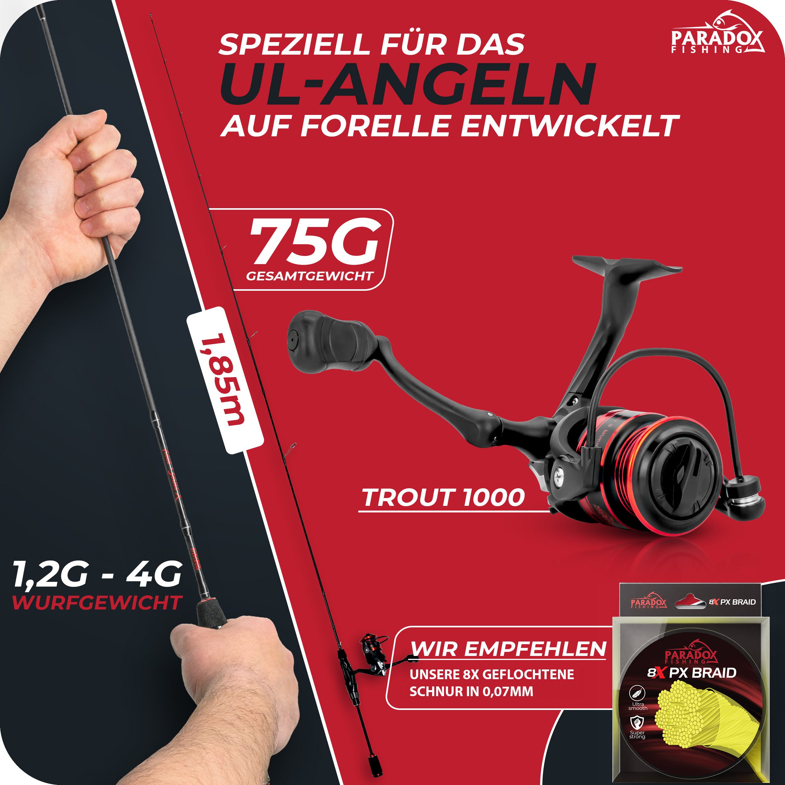Paradox Fishing Spinnrute Trout Series X, (Rute + 1000 Rolle), UL-Rute, 1,85m 1,2-4g
