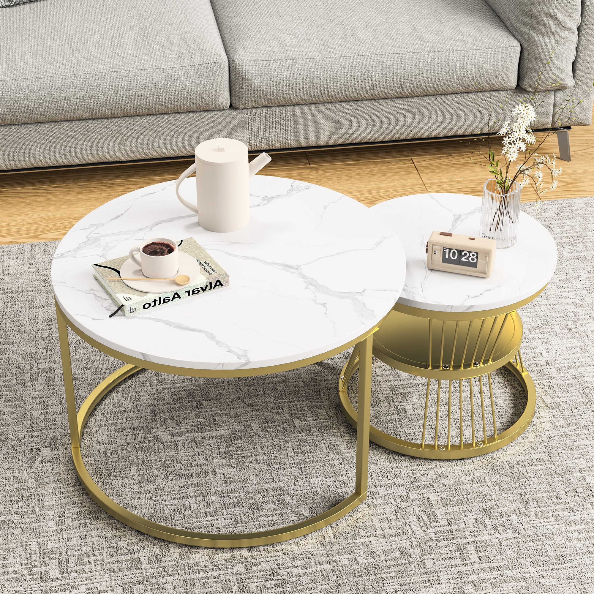 Furnishings Home Couchtisch 2er-Set runde Beistelltische aus Holz & Metall (2-St), Moderne Kaffeetische für Wohnzimmer Schlafzimmer