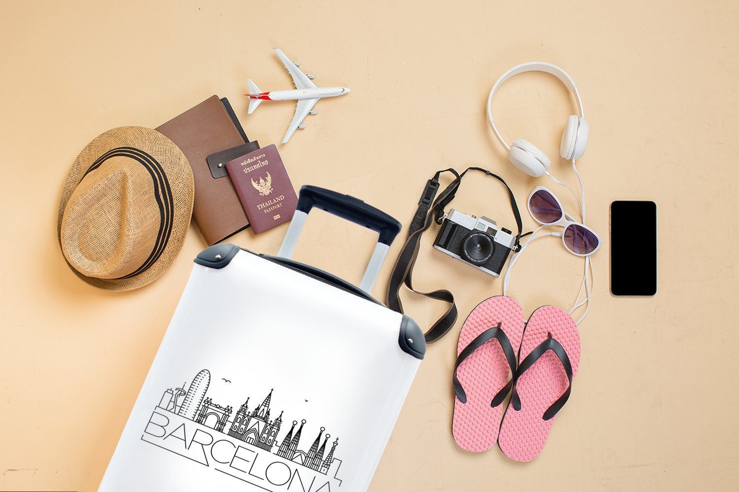 MuchoWow Handgepäckkoffer Skyline von Barcelona" Ferien, rollen, Reisekoffer Rollen, Trolley, für Handgepäck mit Reisetasche Hintergrund, 4 weißem auf