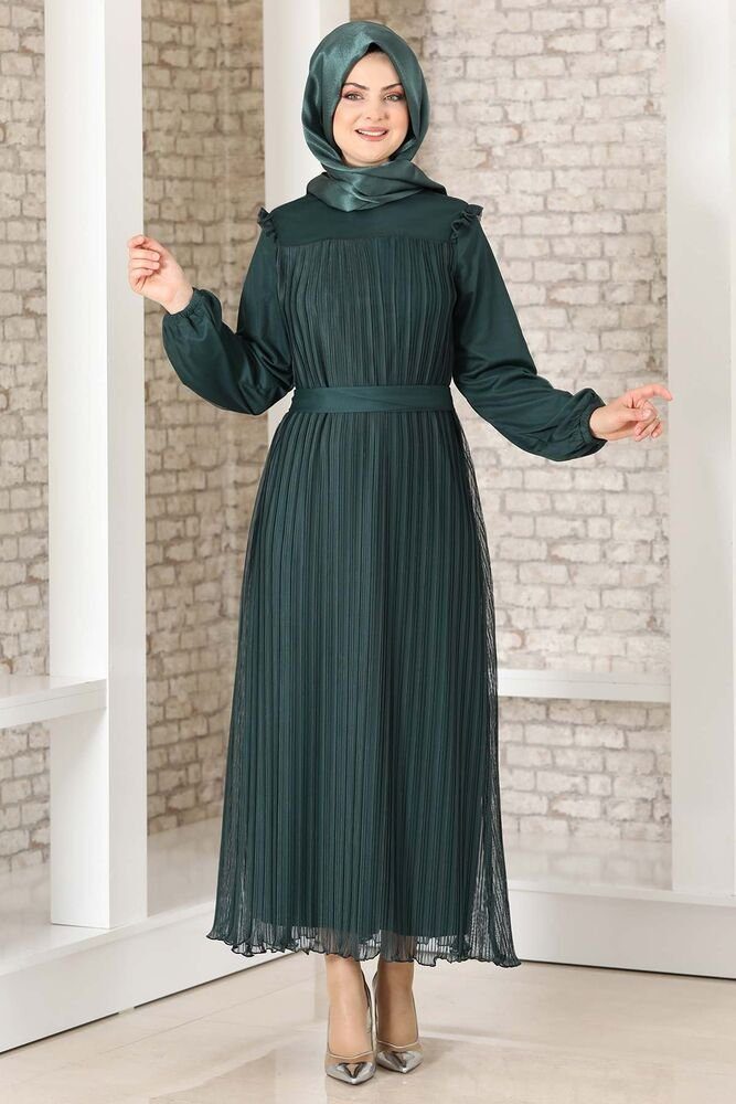 Abendkleid Hijab Kleid Lady Damen Schulterdetail Kleid Smaragd-Grün mit Abaya Abiye Modavitrini Schulterdetail, Falten-Optik