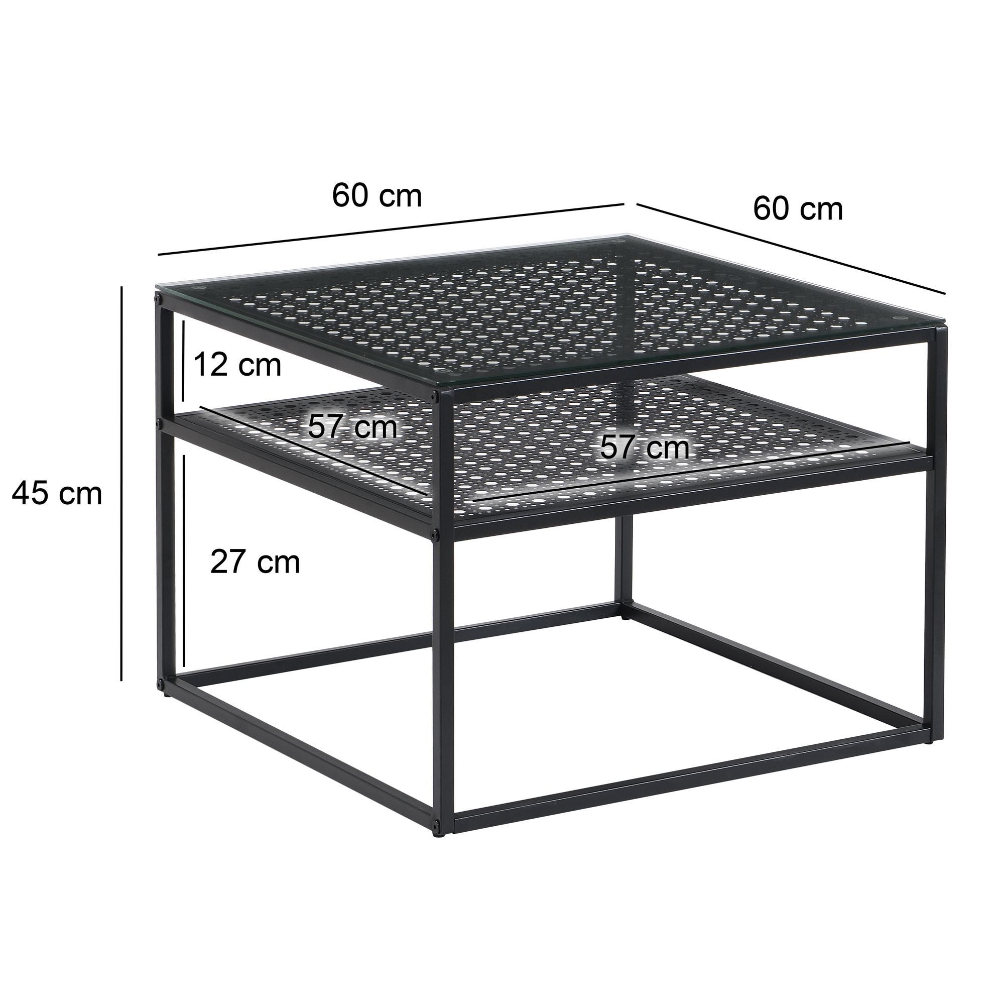 FINEBUY Couchtisch FB72738 Glas Metall 60 cm Quadratisch Wohnzimmertisch Ablage Modern (Sofatisch Glas Quadratisch 60 cm Schwarz Ablage), Wohnzimmertisch Industrial, Metallgestell Modern