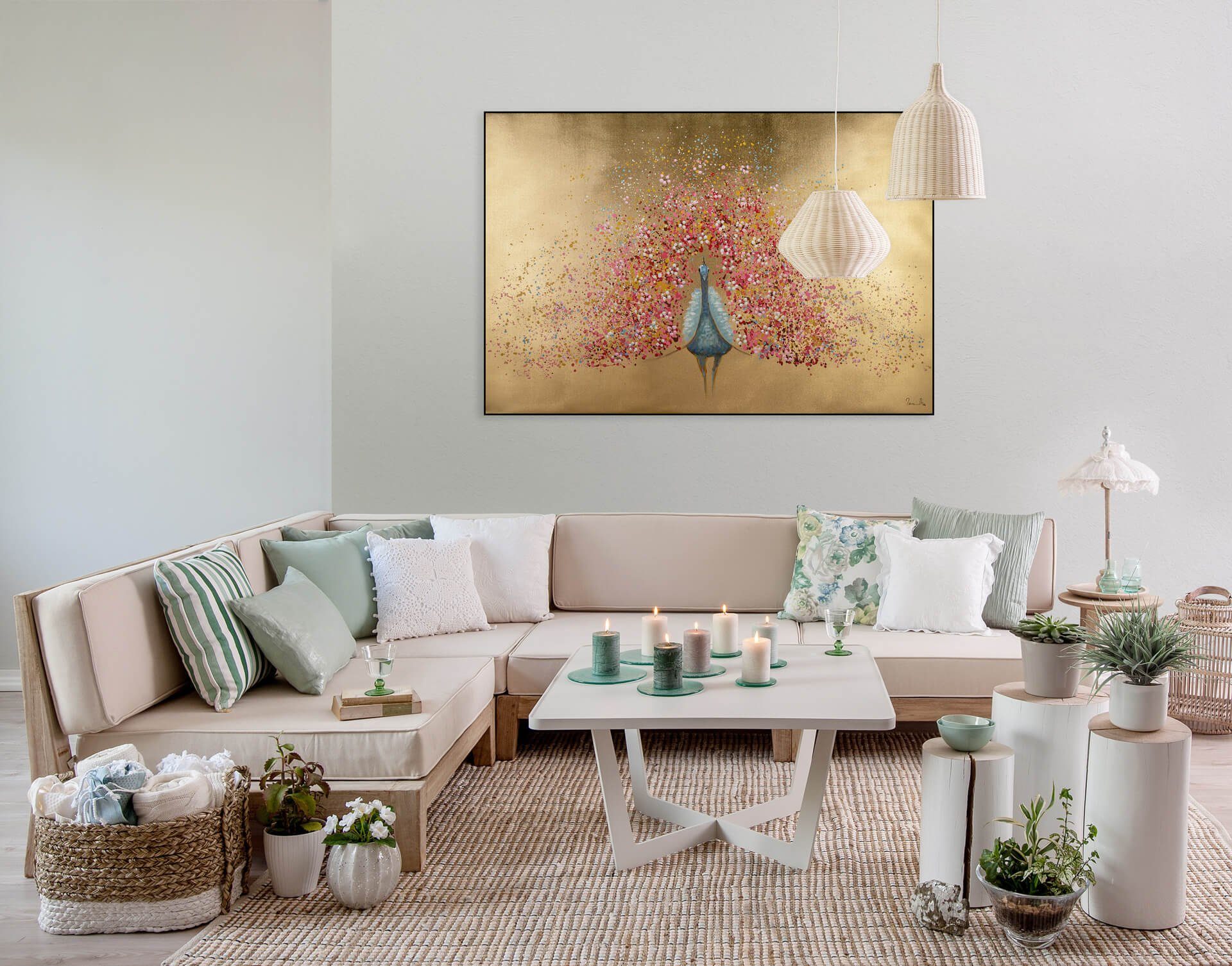 KUNSTLOFT Gemälde Goldener Blütenpfau 120x80 cm, Leinwandbild 100% HANDGEMALT Wandbild Wohnzimmer
